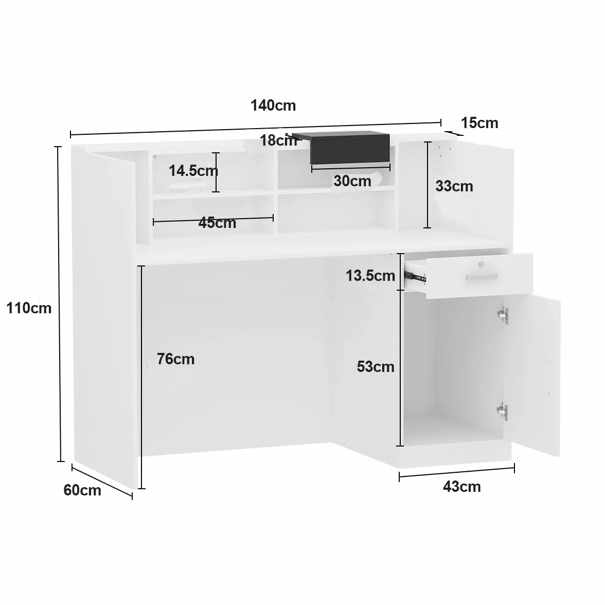 Mostrador de recepción con cajones y armarios con cerradura, estantes ajustables, 140x60x110cm, MDF