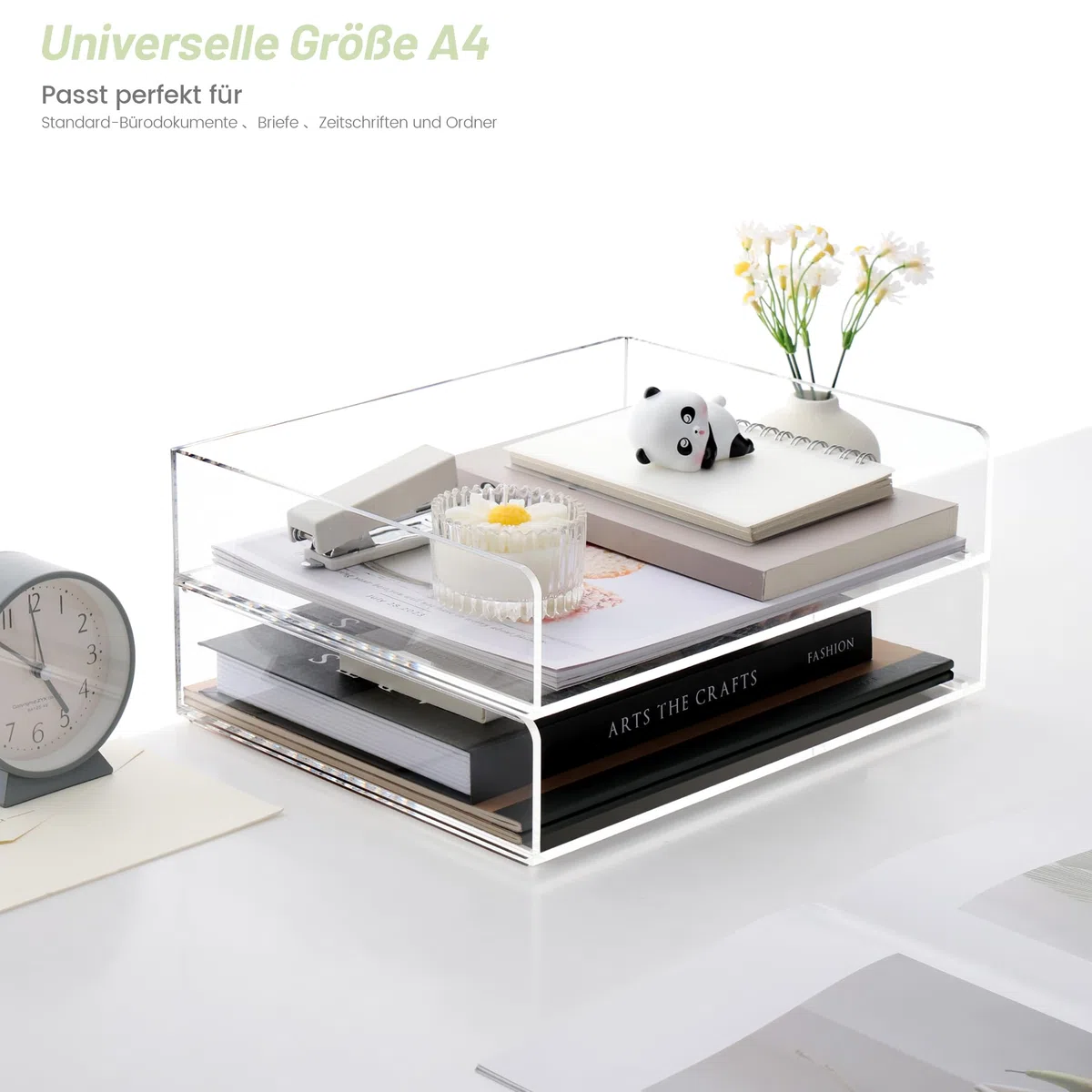 SANRUI 2 bandejas para cartas A4, transparentes, apilables, de acrílico, organizador de escritorio estable para oficina y oficina en casa, moderna bandeja de papel