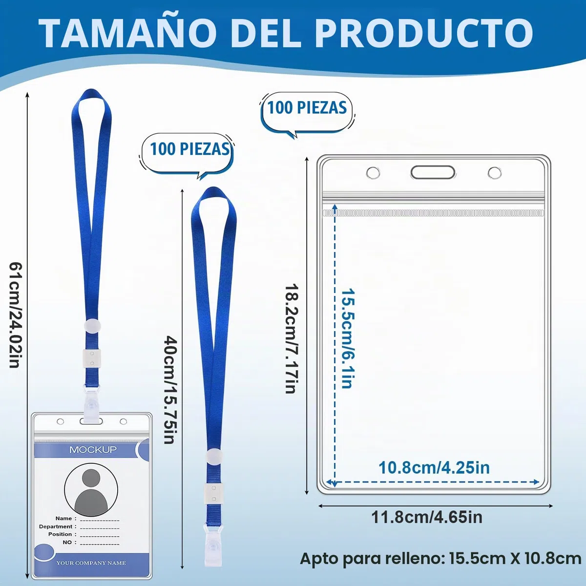 100 Piezas Porta Tarjetas Identificativas A6, 11 x 16 cm, con Cordón y Hebilla Ajustable, Impermeable, Transparente de PVC para Tarjetas Identificativas Vertical, para Oficina Estudiante Exposición