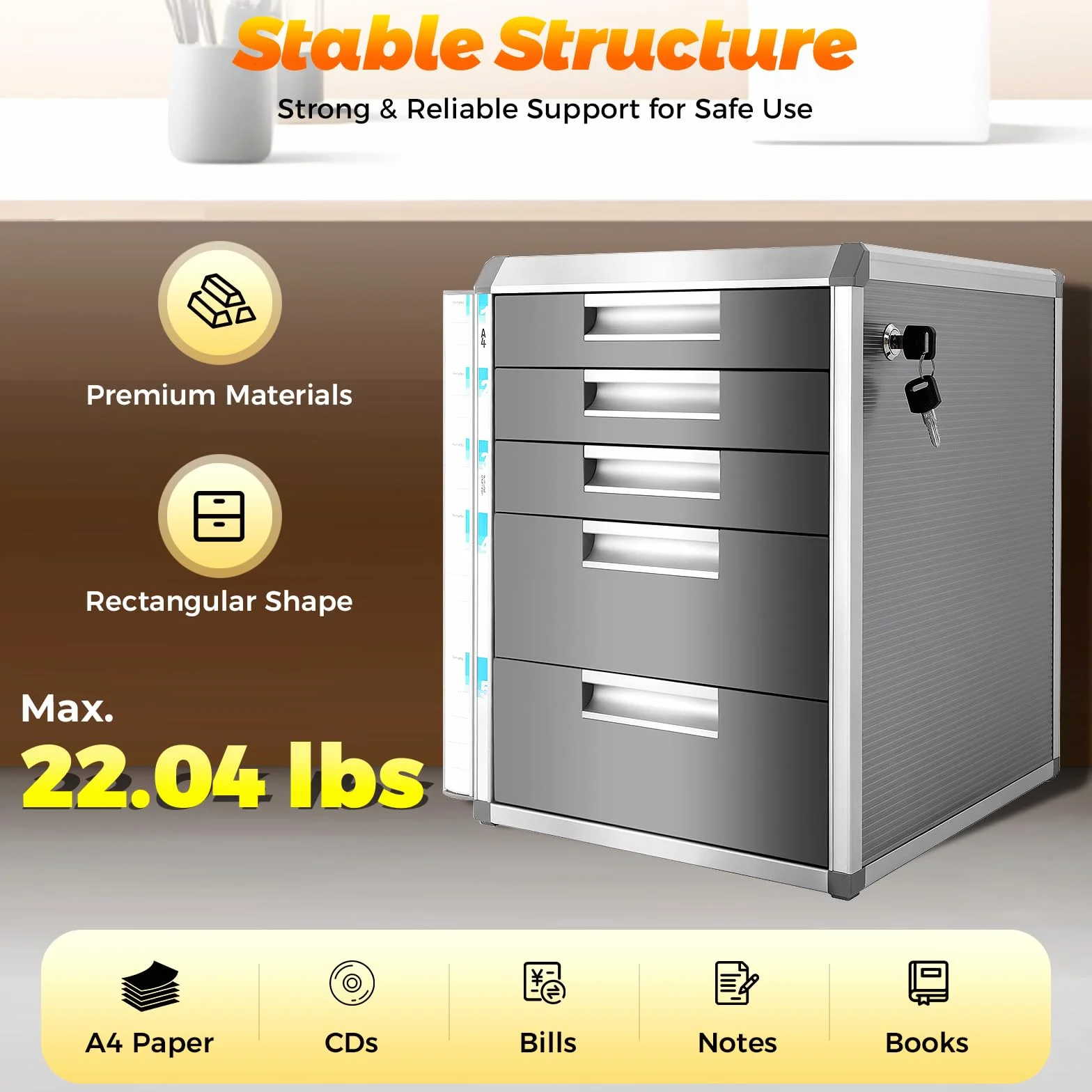 Caja de documentos con llave de 5 cajones, caja de archivos de aluminio A4, archivador de almacenamiento de oficina en casa, 2 alturas 5 cm, 10 cm, capacidad 10 kg, seguridad bloqueable, gris 35 x