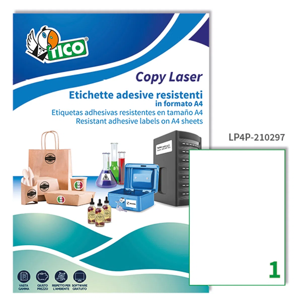 Tico LP4P-210297.Caja de 70 etiquetas adhesivas blancas de poliéster en A4-láser