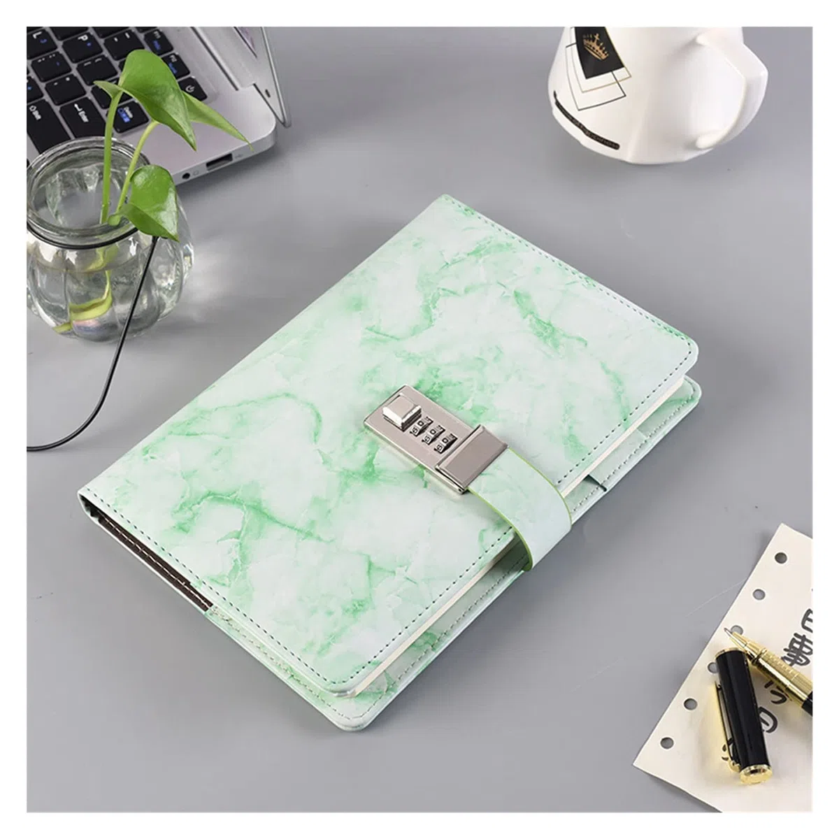 SePKUs Cuaderno con contraseña, textura de mármol, 100 hojas, diario personal con código de bloqueo, bloc de notas grueso, suministros escolares de oficina, regalo (D)