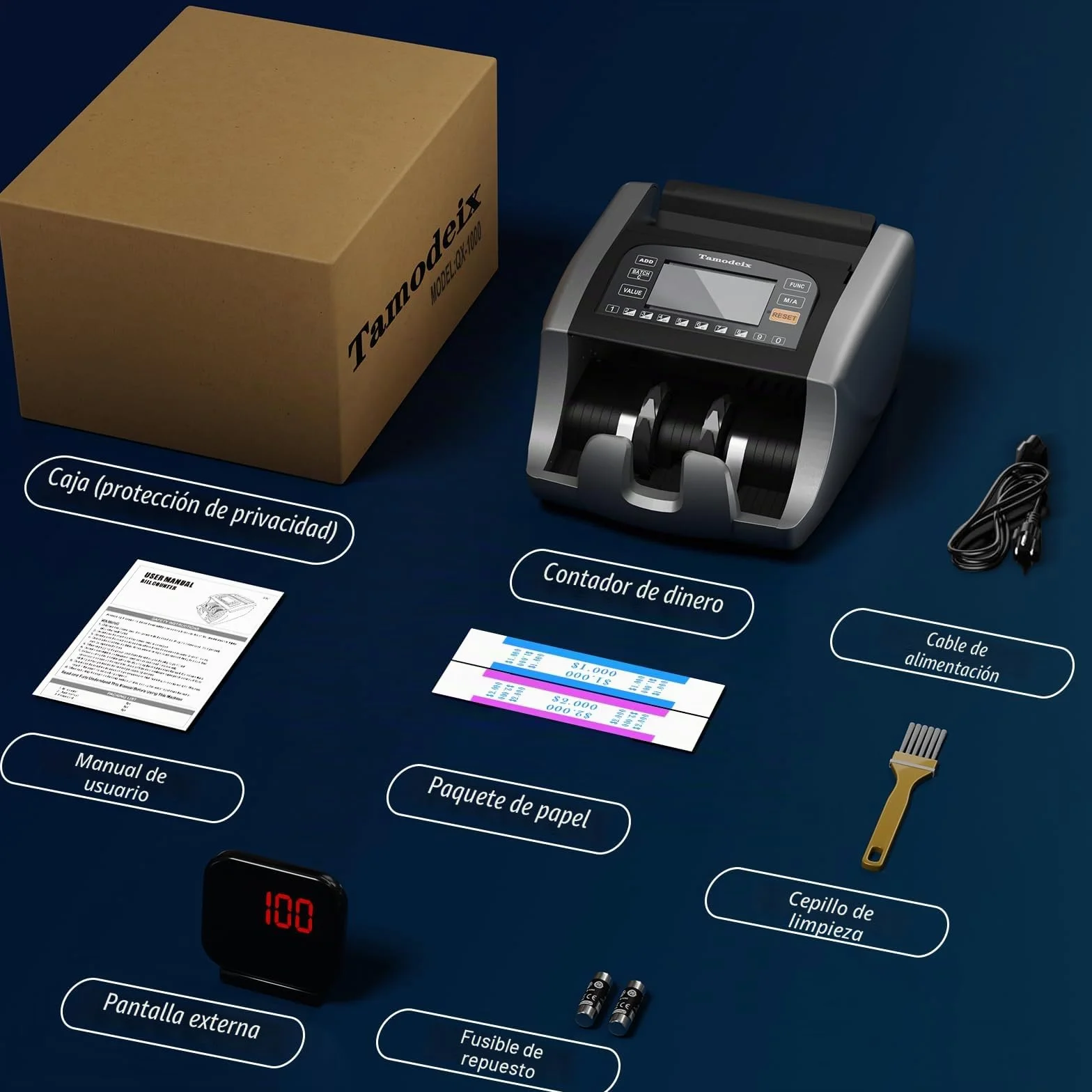 NX270 Contador de Billetes Máquina Contadora de Efectivo en Euro y USD y GBP con LCD Grande y Pantalla Externa para Pequeñas Empresas, No cuenta montos mixtos