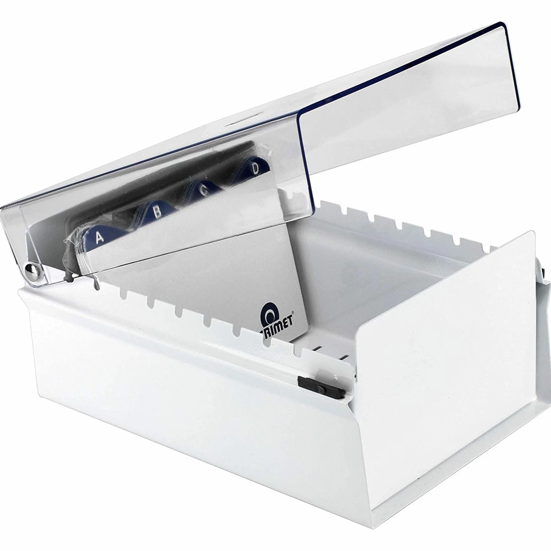 Acrimet Porta Tarjeta 4"x 6", Organizador de Fichas, Base de Metal Resistente (Incluye Índice AZ y un Divisor de Plastico) (Base Blanco y Tapa de Plástico Transparente)