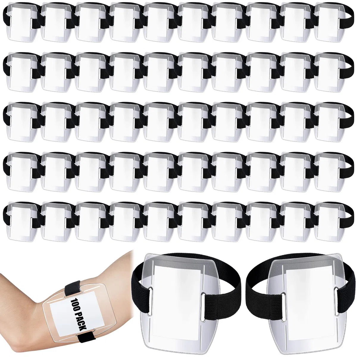 100 soportes para insignias de brazo con correa ajustable, soporte para tarjetas de identificación, soporte para tarjetas postales de pase de trabajo (negro)