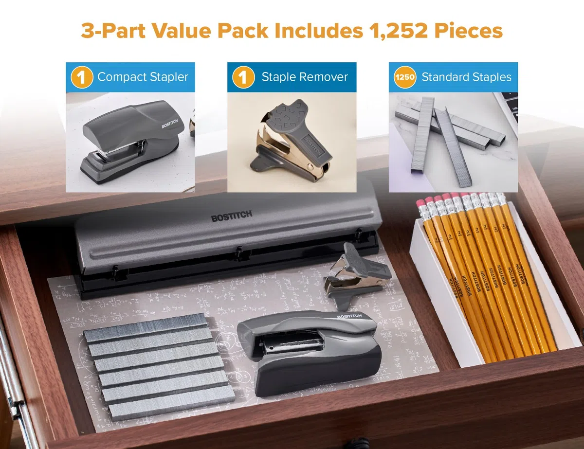Bostitch Office - Grapadora resistente de 40 hojas con 1250 grapas y removedor de garras, tamaño pequeño, cabe en la palma de tu mano, paquete económico, gris (B175-GRAY-VP)