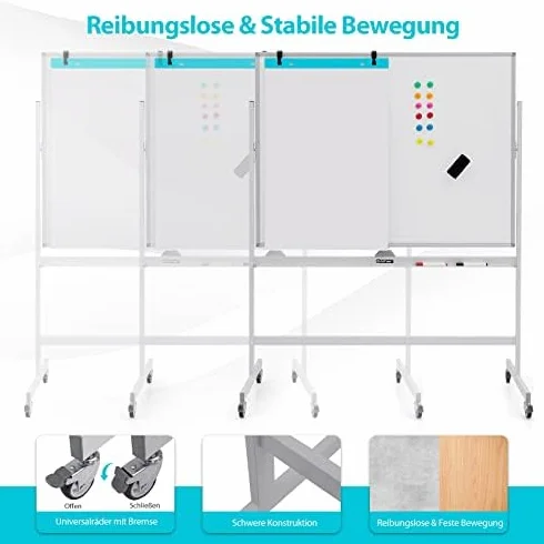 FANTASK Pizarra blanca móvil de doble cara, 120 x 90 cm, altura ajustable, magnética, con ruedas y soporte