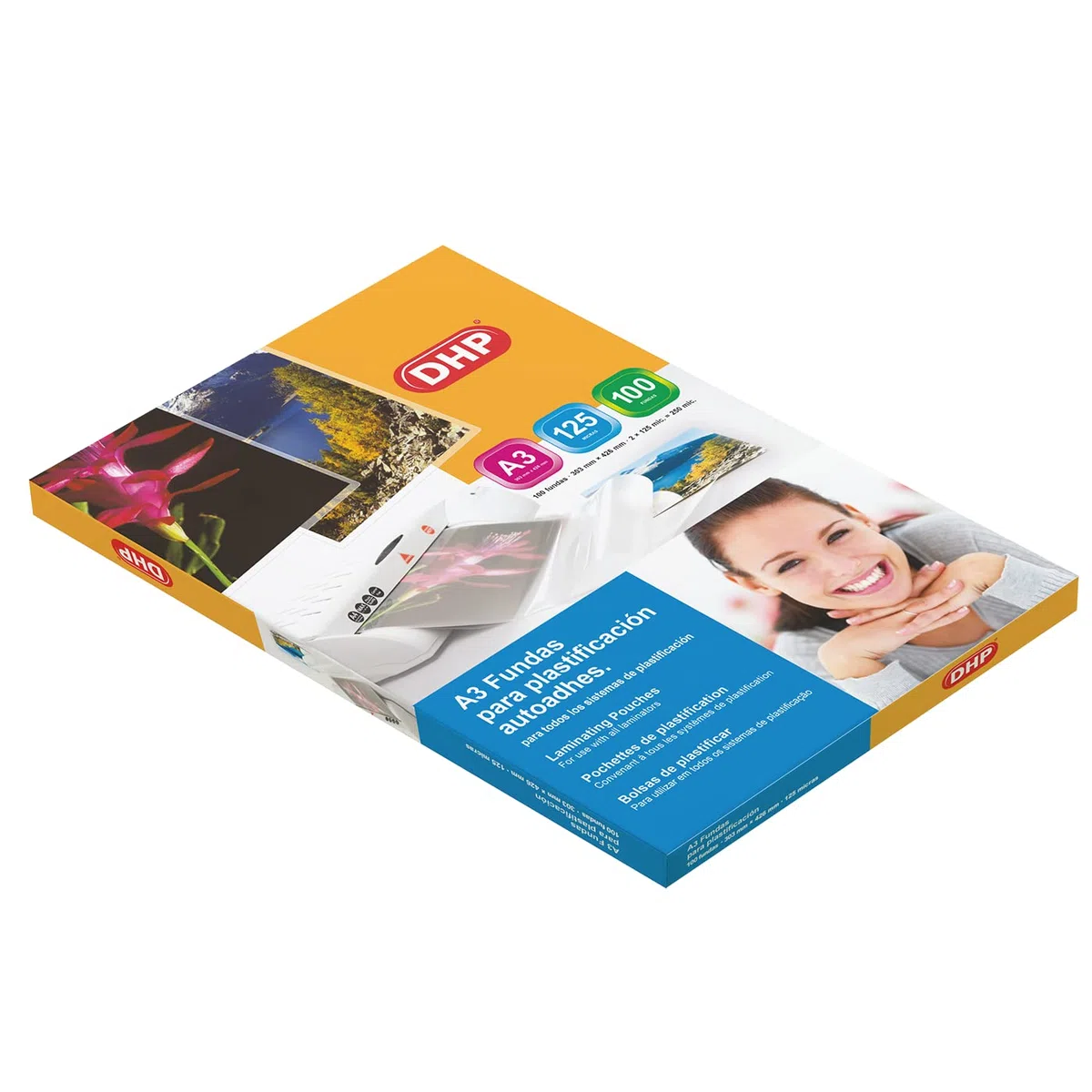 Fundas de Plastificar DHP -Formato A3 autoadhesivas, 125 micras, Brillo, Caja 100 unidades