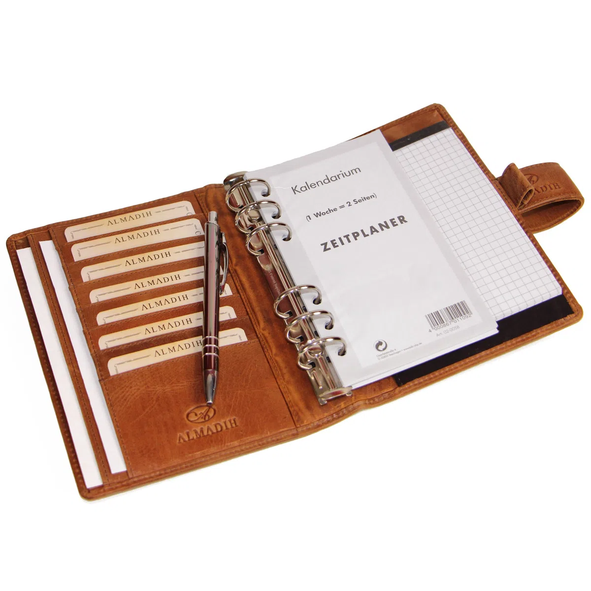 ALMADIH Carpeta de cuero A6 Calendario 2025 + Bloc de notas agenda Personal Organizador Diario documentos Cartera de conferencias Maletin Carpeta de anillas portadocumentos Cuaderno Marrón Deluxe