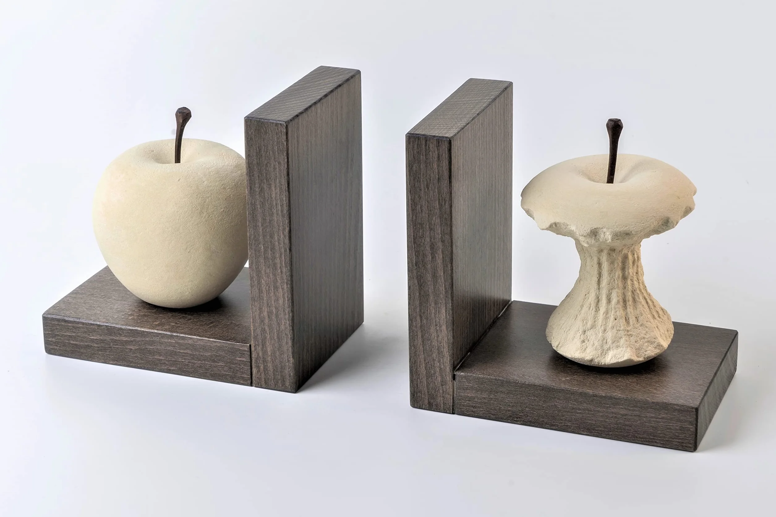 Progetto Arte Par de Sujetalibros Manzana Mordida Escultura de Piedra Base Madera Hecho a Mano