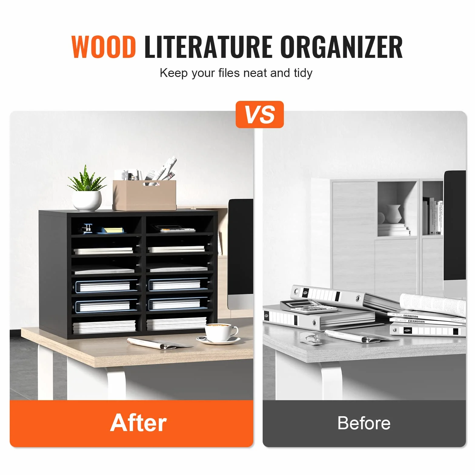 VEVOR Organizador de Literatura de madera Aglomerado Estante de Almacenamiento de Documentos de 12 Compartimentos 52x30,5x41 cm Clasificador de Literatura con Estantes Ajustables para Oficina, Negro