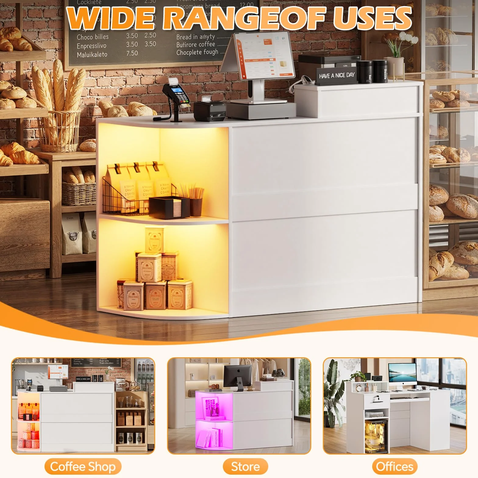 Mostrador de Recepción con LED, 120x102.5x48cm, Mostradores Recepcion Forma L con Cajón para Teclado | Cajón | Armario, Mostradores para Tiendas Escritorio de Recepción Moderno para Oficina, Salón