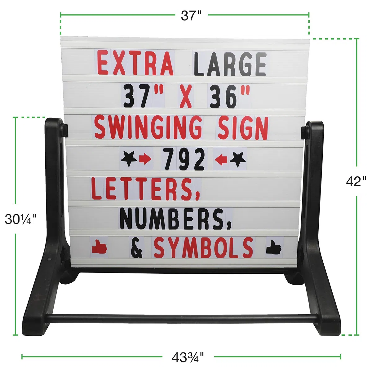 Señal de acera con mensaje cambiable Swing, 37" x 36" con 792 letras precortadas de doble cara y caja de almacenamiento. Incluye tablero negro y 4 pizarras líquidas y cartulina