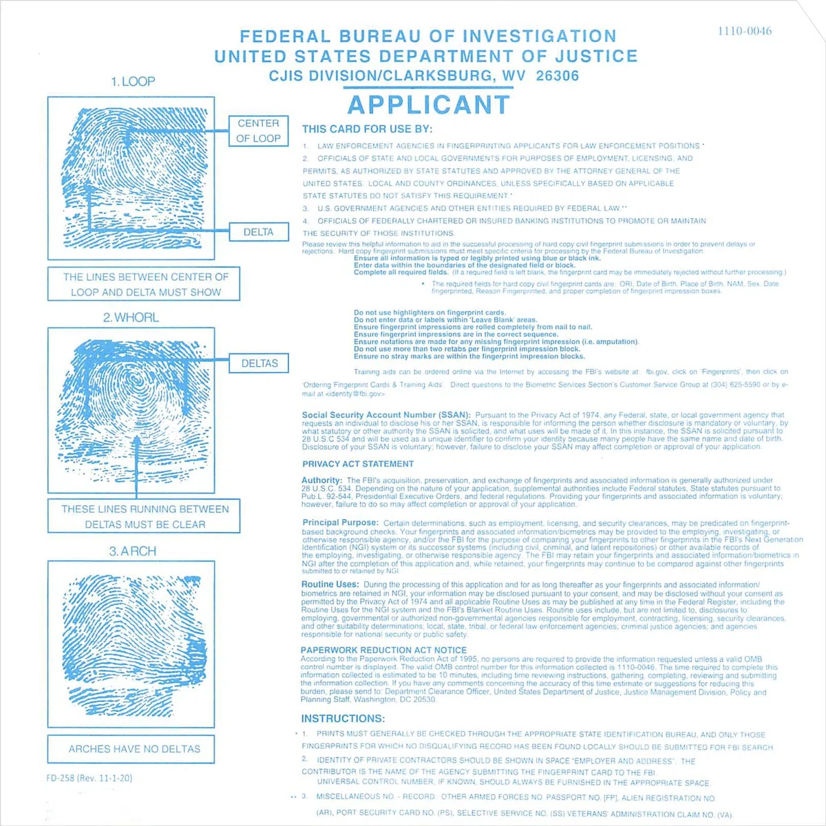 FBI Fingerprint Cards, Applicant FD-258, 5 Cards by