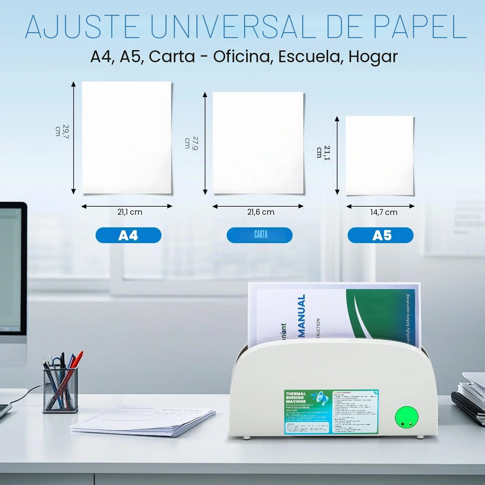Mxmoonant Encuadernadora térmica para papel A4 A5 Letter, 33 mm de grosor máximo, precalentamiento de 3 minutos, diseño compacto con estante de enfriamiento, incluye 5 cubiertas térmicas - Ideal para