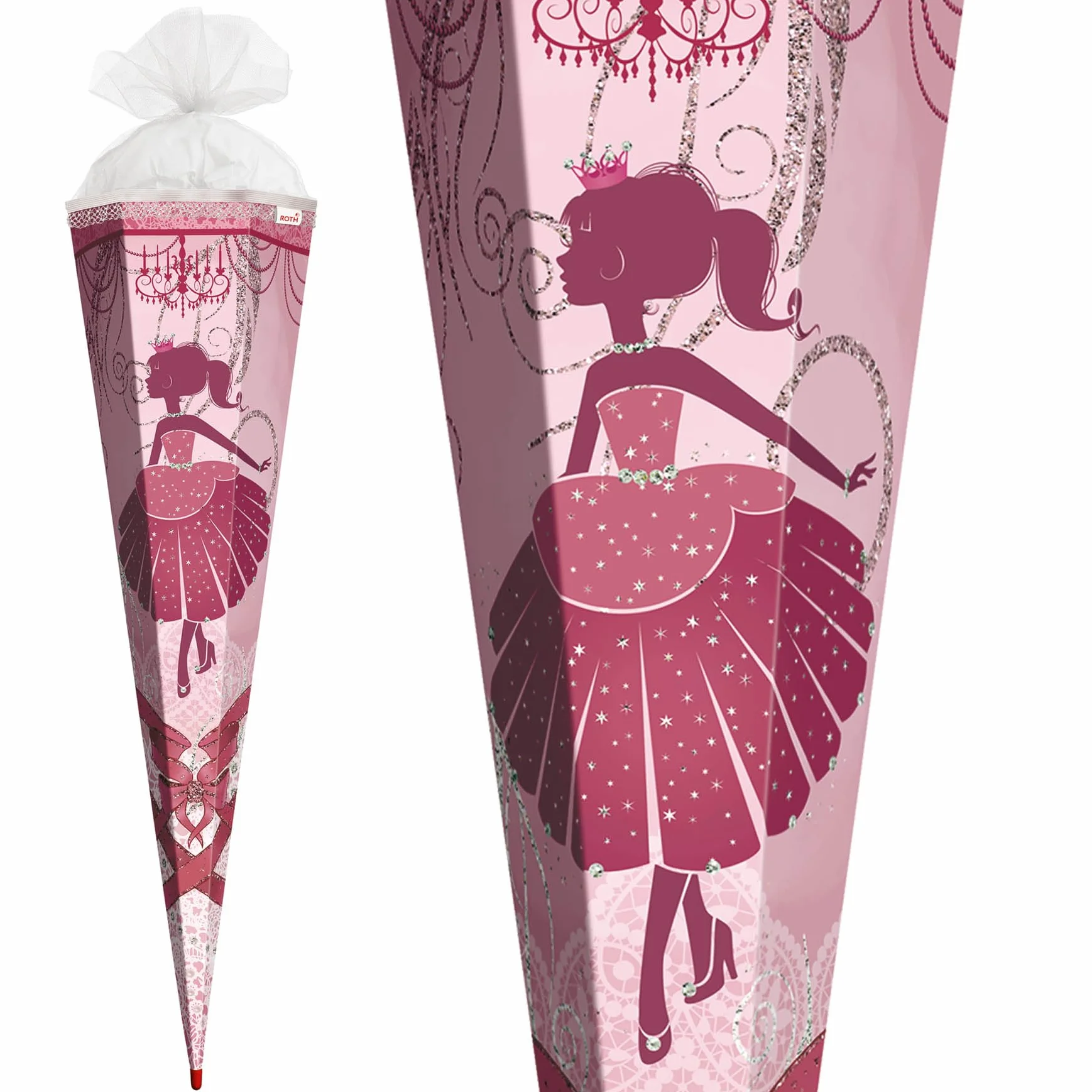 ROTH Schultüte groß Ballerina 85 cm - Glitter und Glitzer-Borte - 6-eckig Rot(h)-Spitze Tüllverschluss - Zuckertüte, Ballerina, Danzerin, Schulanfang