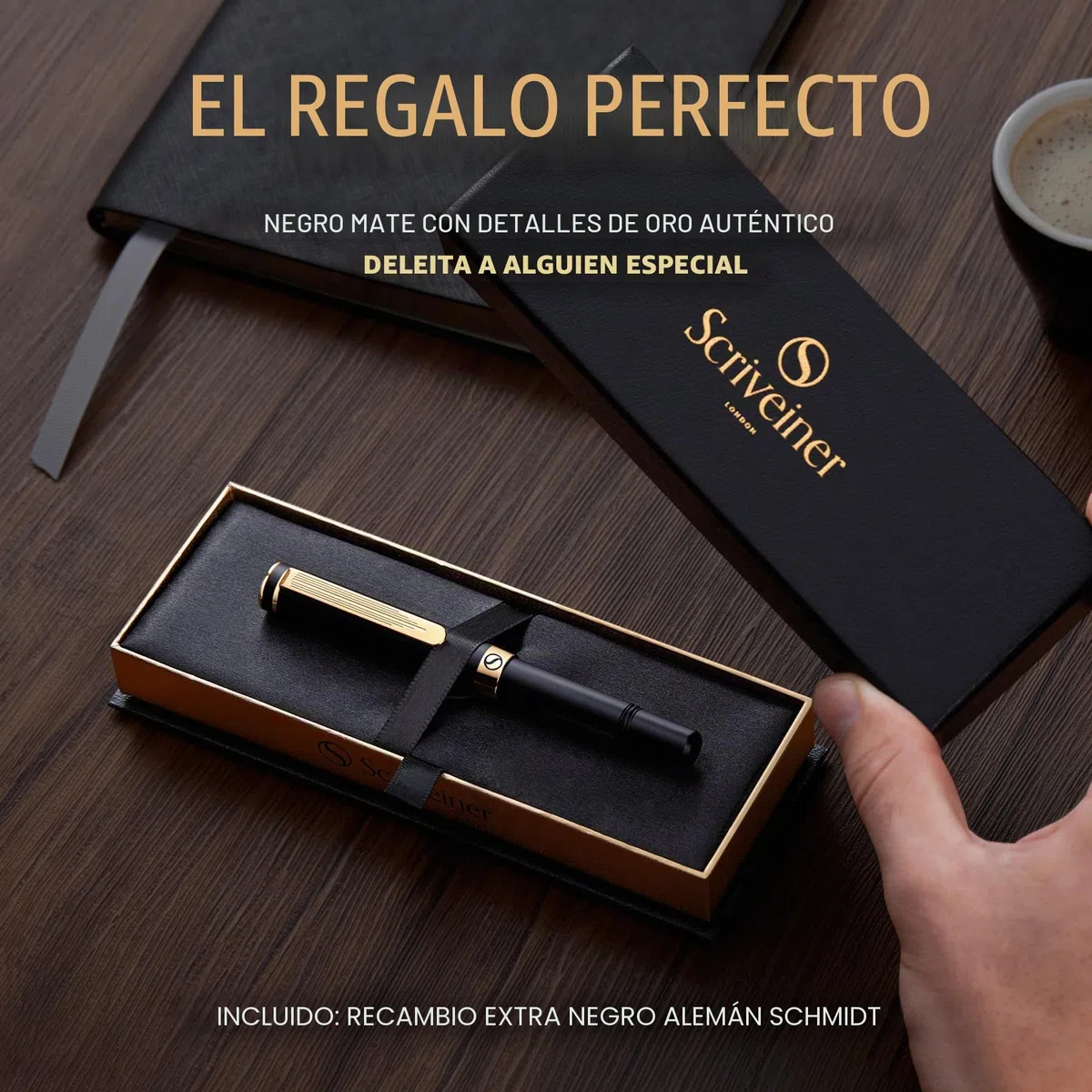 Scriveiner Bolígrafo Rollerball EDC Negro de Lujo, Chapado en Oro Auténtico, Recambio Schmidt Alemán