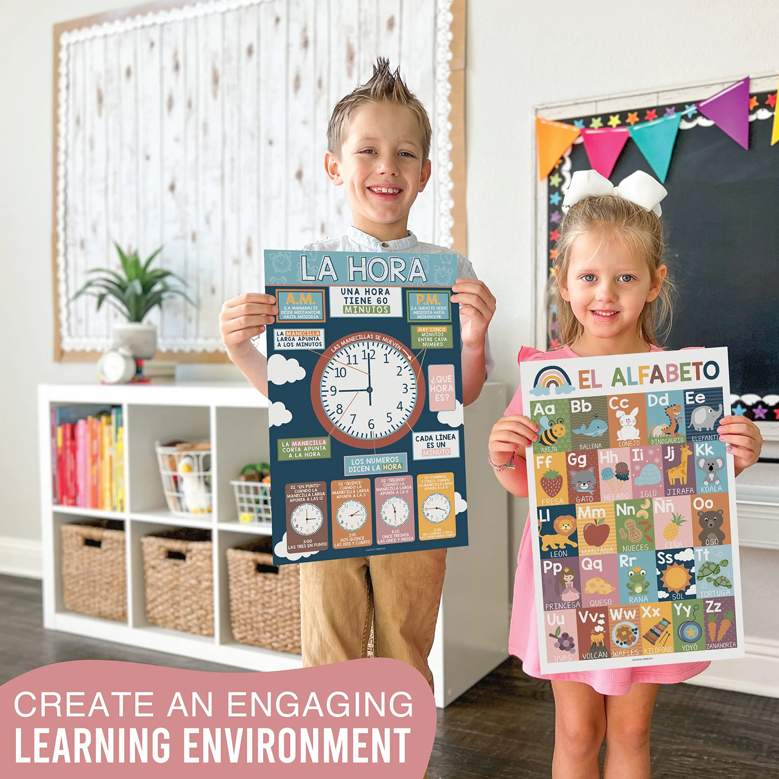 Hadley Designs Decoraciones de aula española: 12 pósteres españoles para el aula primaria, Abecedario para niños en español, pósteres educativos bilingües laminados bohemios de 11 x 17 pulgadas