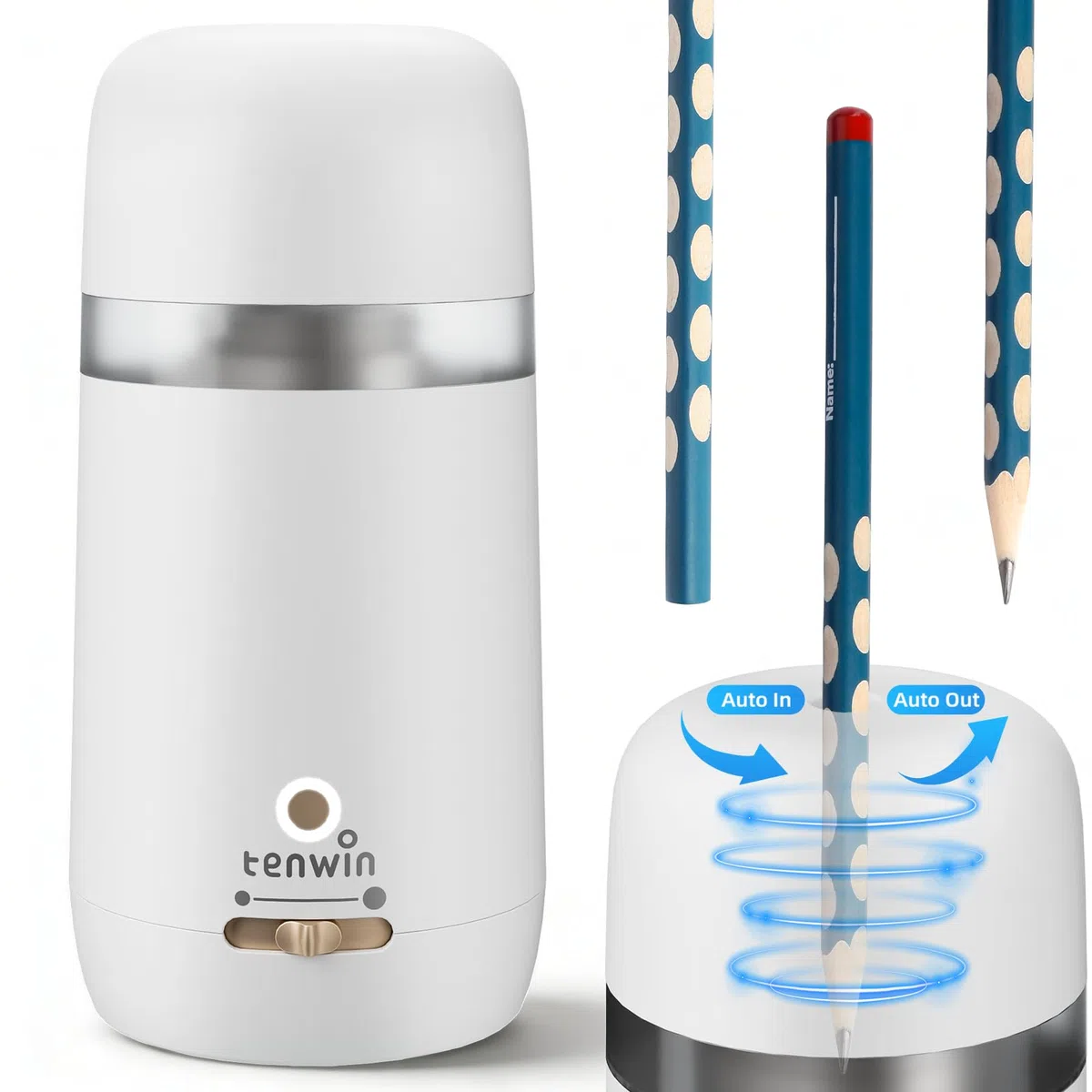 tenwin Sacapuntas eléctrico totalmente automático, recargable y portátil, afilado rápido de lápices y lápices de colores de 7 a 12 mm, ideal para el hogar, la oficina y la escuela (blanco)