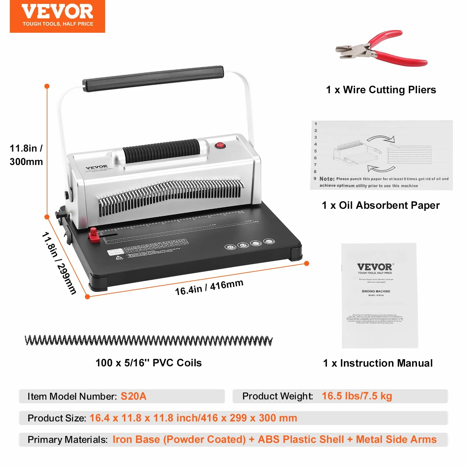 VEVOR Encuadernadora para Tamaño Carta A4 A5 Encuadernadora Manual en Espiral con Encuadernadora Eléctrica 46 Agujeros 500 Hojas Perforadora de Anillas con 100 Lomos de Bobina Ajustables