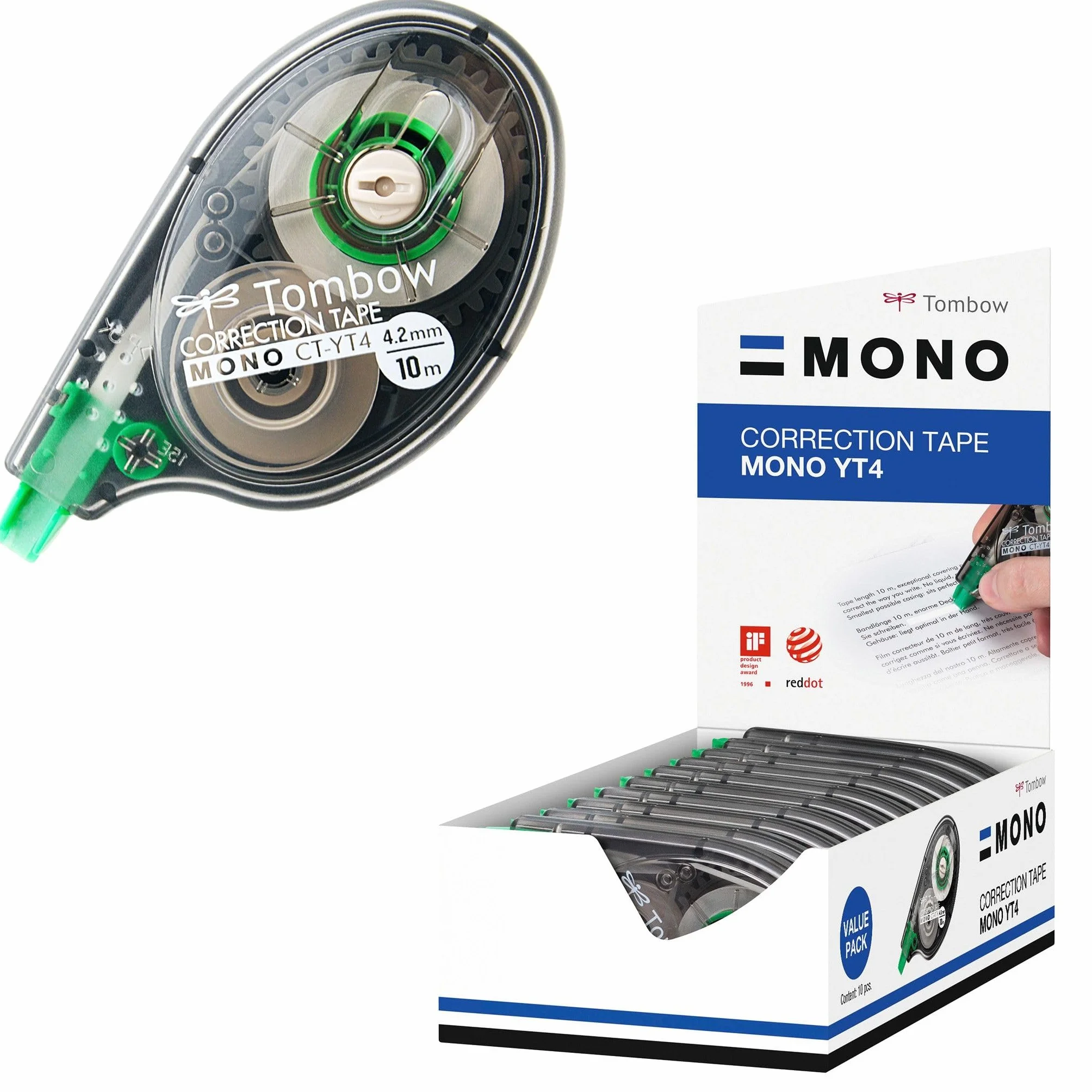 Tombow Mono CT-YT4 - Cinta correctora (10 unidades, caja transparente, 4 mm x 10 m)