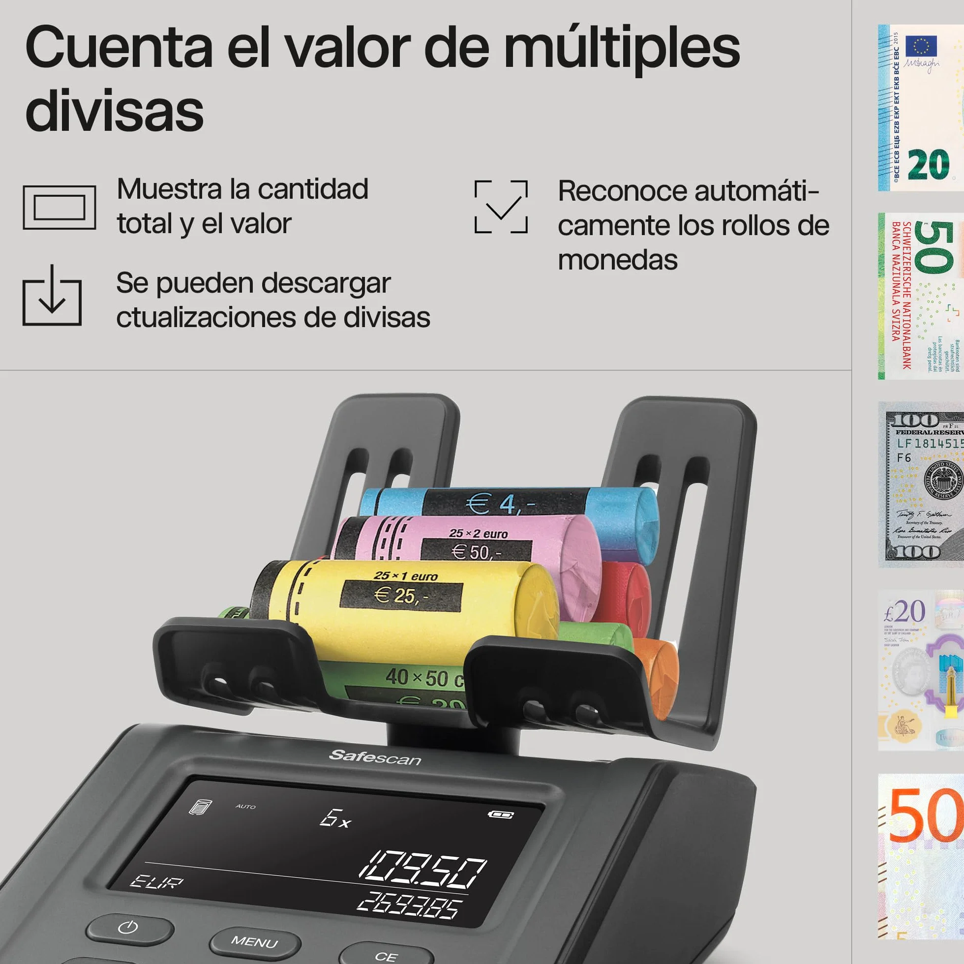Safescan 6165 Máquina para contar dinero cuenta valor de monedas y billetes - Contadora de monedas con reconocimiento automático de rollos - Balanza para conteo rápido y ágil del cajón portamonedas