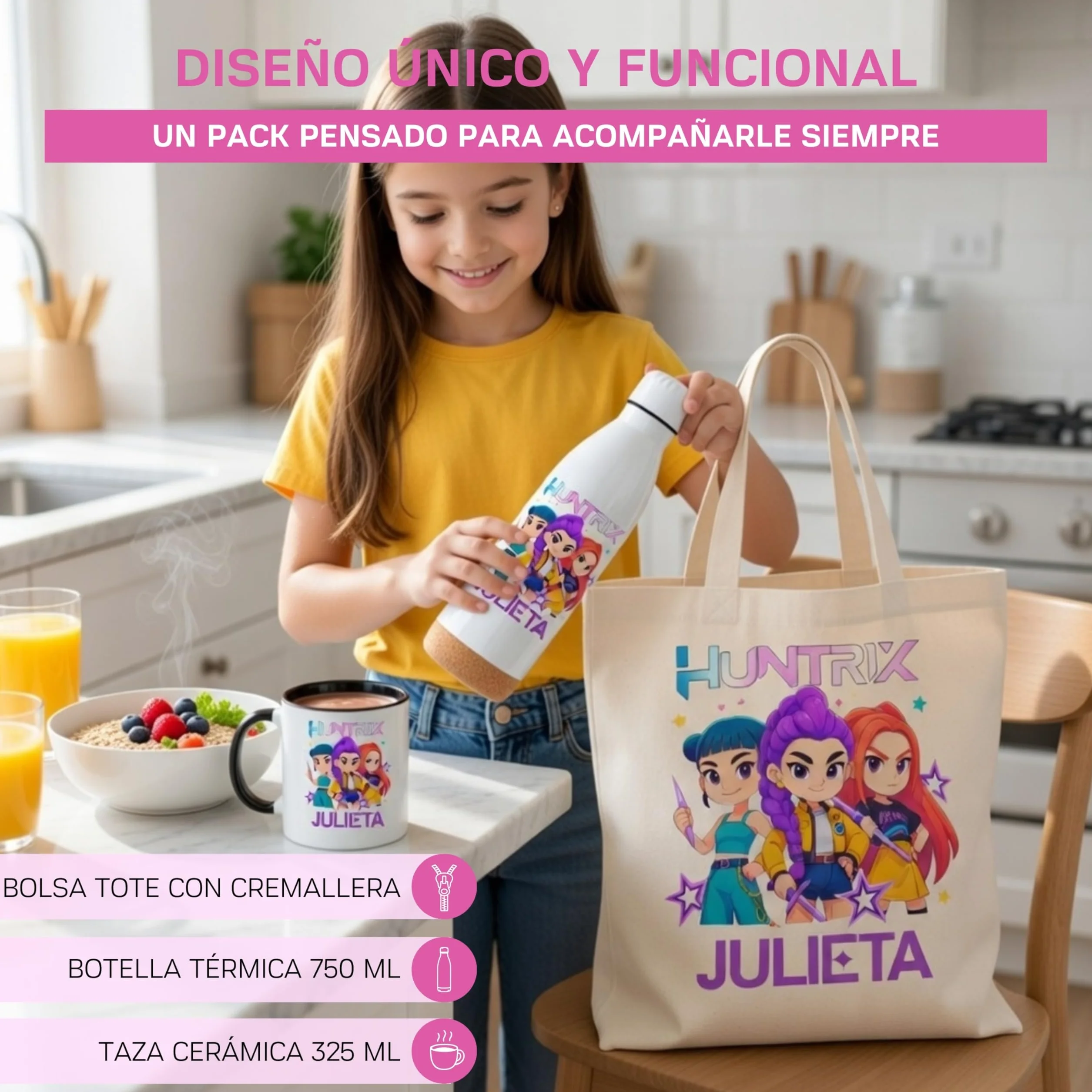 Gifters | Pack Bolsa Personalizada con Nombre + Botella Acero Inoxidable 750 ml + Taza Cerámica 325 ml | Diseño Personajes Estilo K-Pop | Regalo Original para Niña, Cumpleaños, Navidad y Comunión