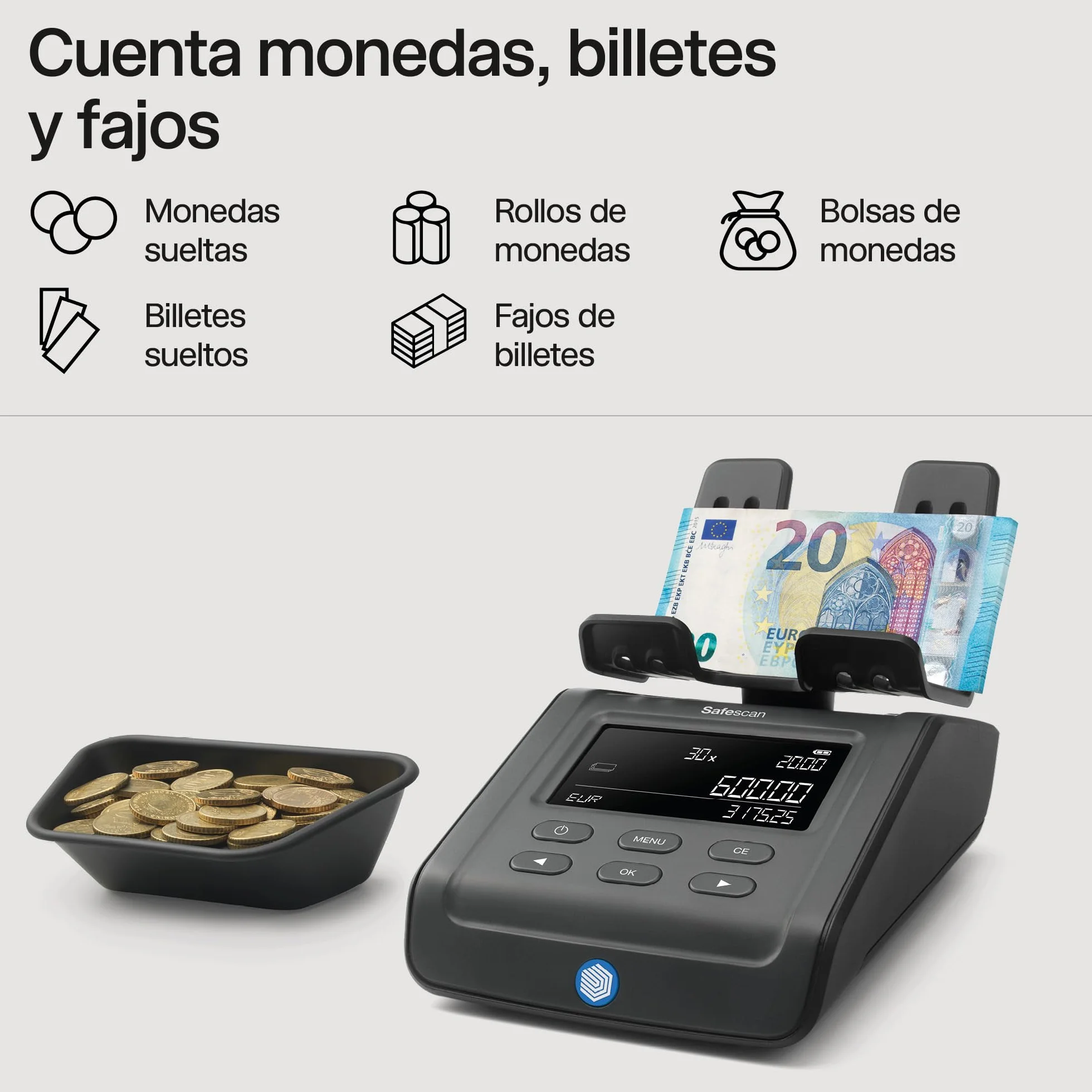 Safescan 6165 Máquina para contar dinero cuenta valor de monedas y billetes - Contadora de monedas con reconocimiento automático de rollos - Balanza para conteo rápido y ágil del cajón portamonedas
