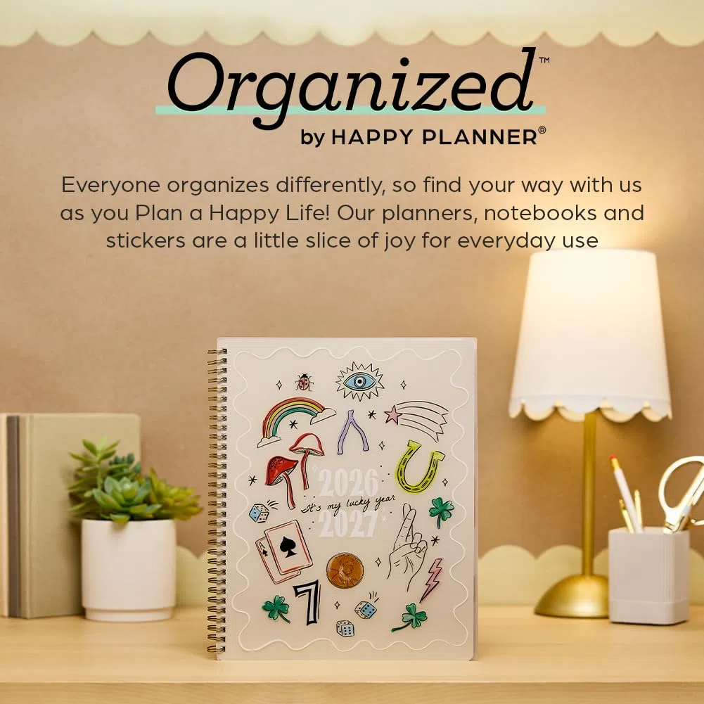 Organizado por Happy Planner - Agenda de doble bucle con fecha de 12 meses de julio de 2026 a junio de 2027, tamaño grande, 8.5 x 11 pulgadas, diseño académico, día de la suerte