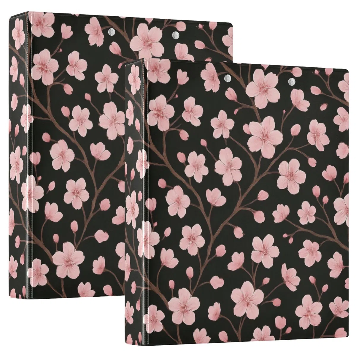 Carpeta de 3 anillos, carpeta de anillos en D negros con flores de cerezo rosa, paquete de 2 | Con portapapeles y bolsillos, para escuela, universidad, oficina