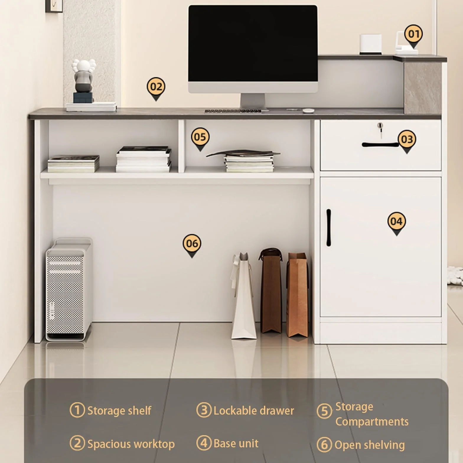 Mostrador de recepción Moderno con cajones con cerradura y vitrina iluminada 120cm Blanco