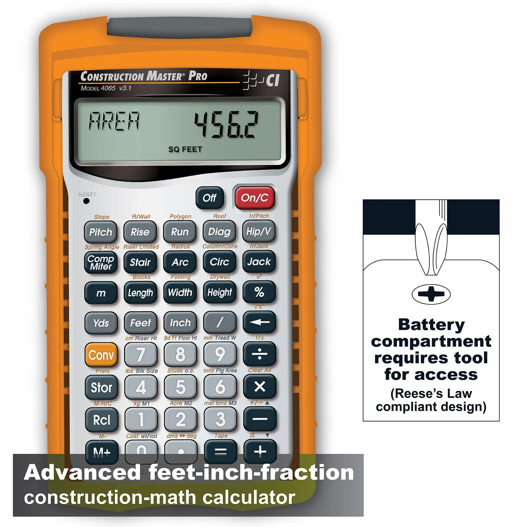 Calculated Industries 4065 Construction Master Pro 4065 - Herramienta de mano | Matemáticas de construcción avanzadas, fracciones de pies, para contratistas, estimadores, constructores