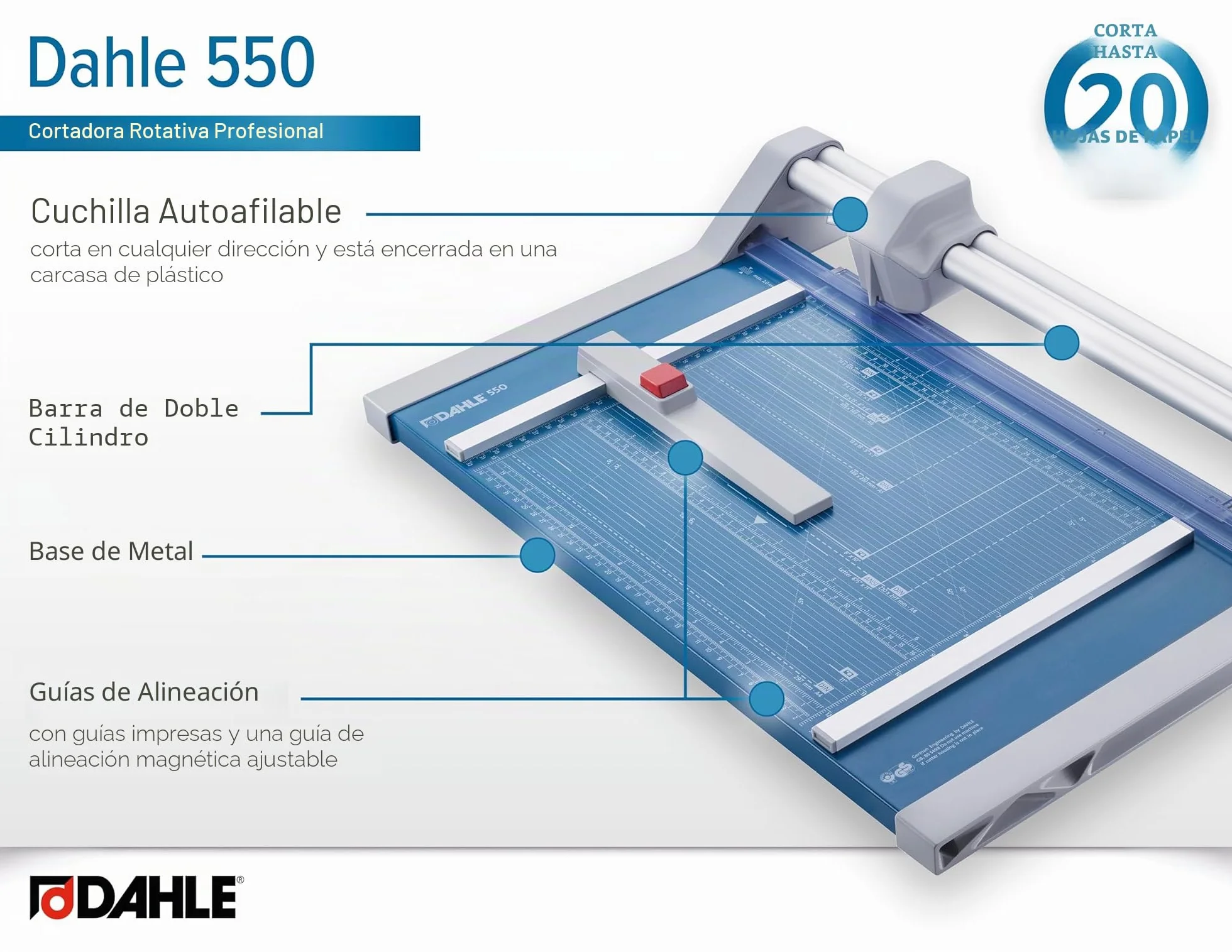 Dahle 550 - Guillotina profesional de seguridad DIN A4 autofilable, barra guía doble, presión automática