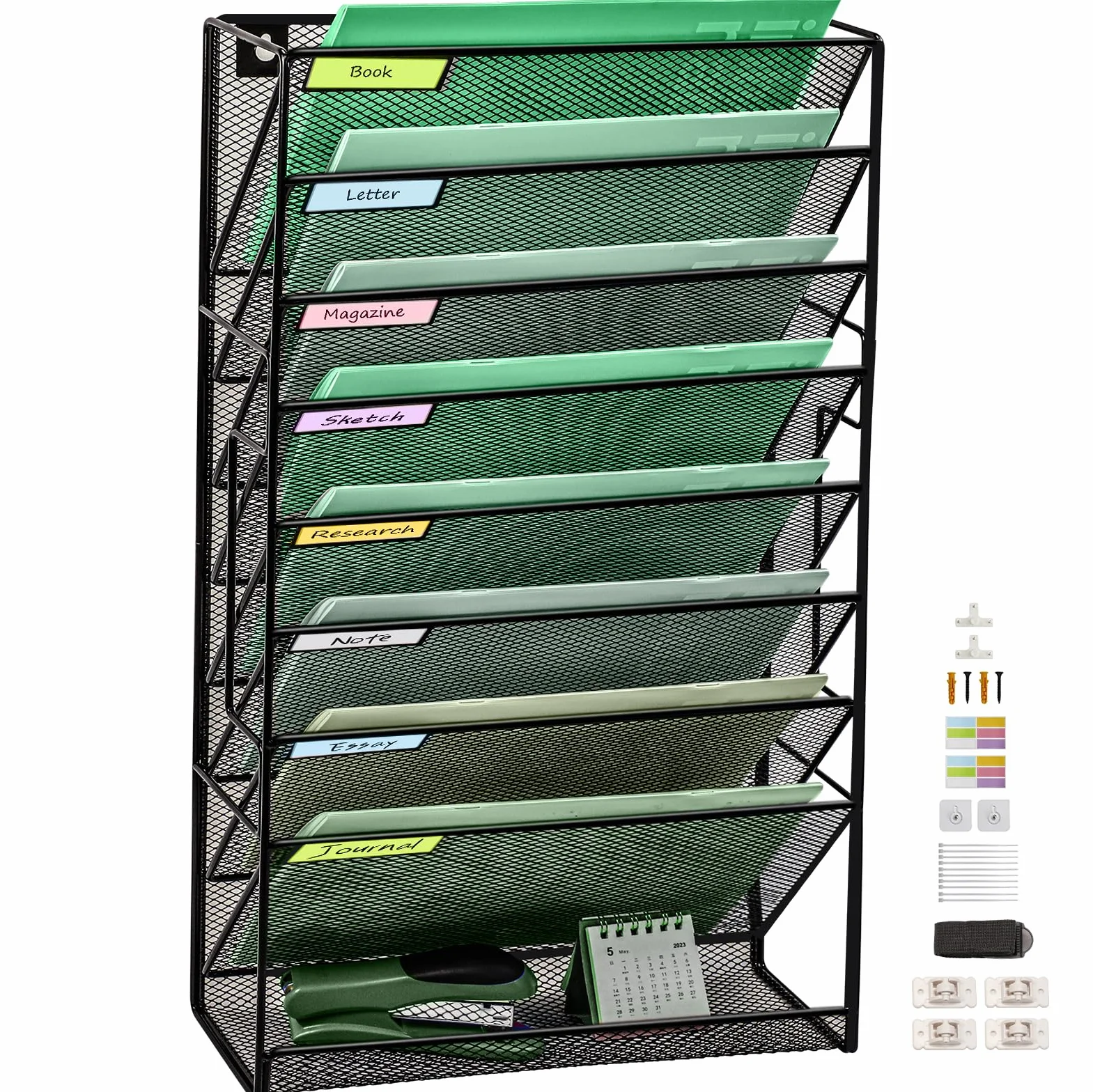 Organizador de archivo de pared de malla de 9 niveles con bandeja plana inferior, vertical de malla media, para colgar en la oficina, revistero, juego