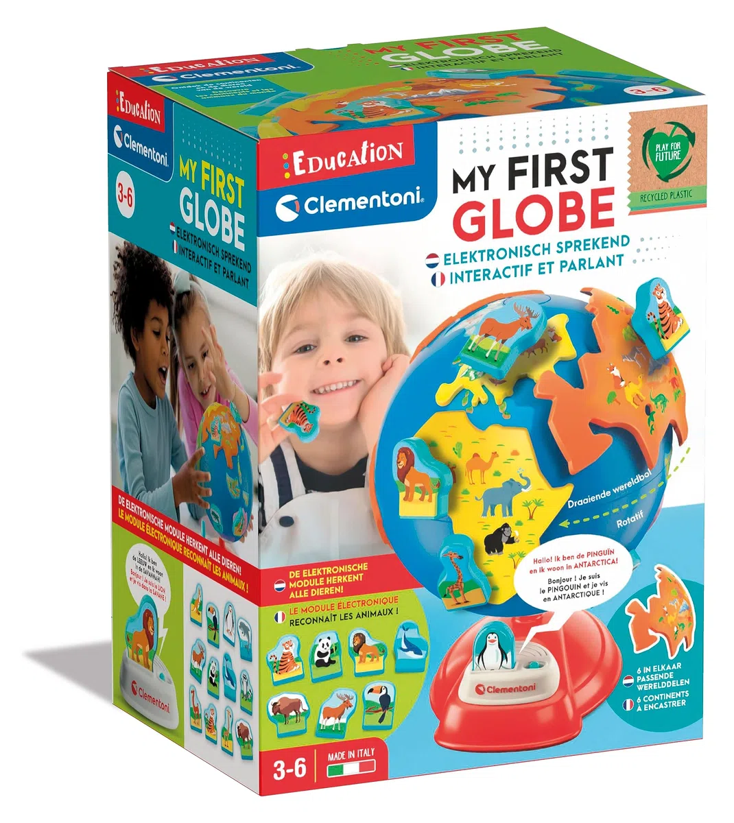 Clementoni - 56144 - Educación - Mi Primer Globo Mundial - Globo Interactivo Para Niños 3 Años, Lengua Francesa, Lengua Holandesa, Globo Educativo, Geografía del Aprendizaje, Hecho En Italia
