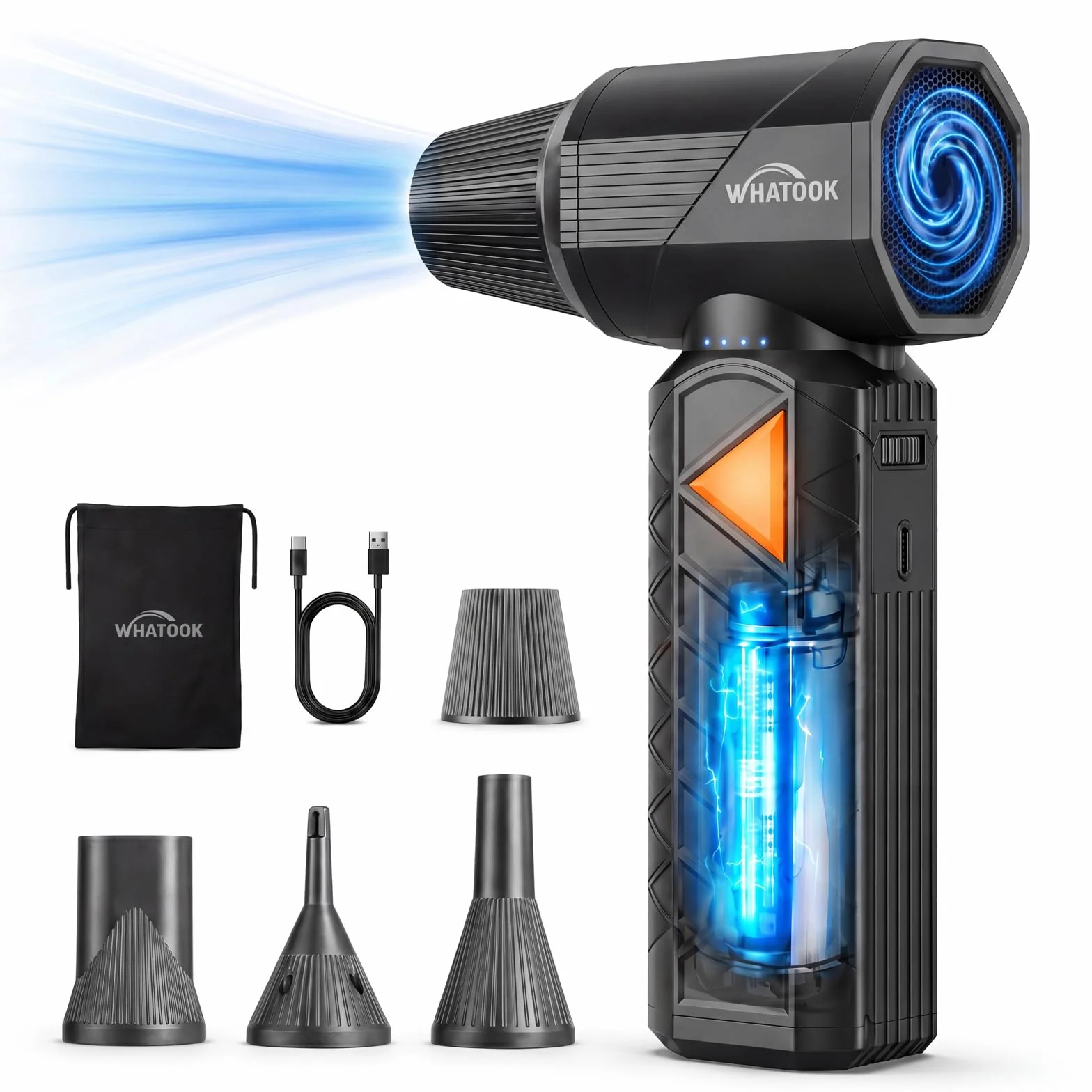 WHATOOK W02 Pro Soplador de Aire Eléctrico con 400.000 RPM, 100 Velocidades Ajustables, Bateria 12000mAh, Aire Comprimido Limpieza PC, Potencia para Limpieza de Auto,Electrónica y Outdoor