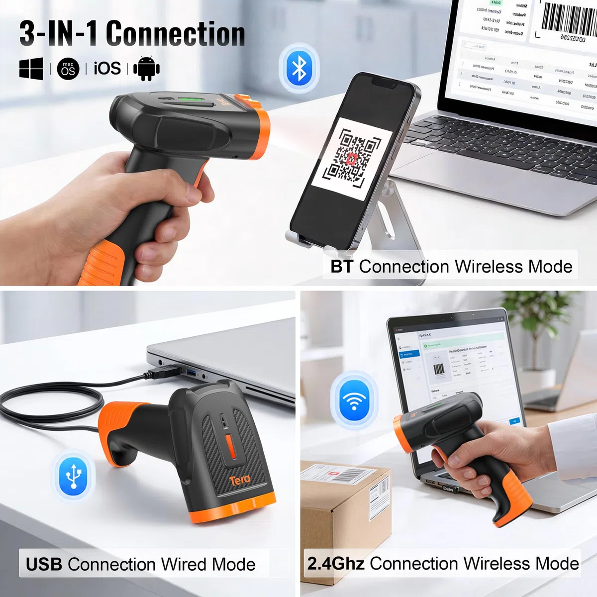 Tera Escáner de Códigos 2D QR inalámbrico Bluetooth, 1D/2D, 2.4G, batería 2200mAh con indicador, Lector portátil con Cable USB 1,5 m para almacén y Biblioteca D5300
