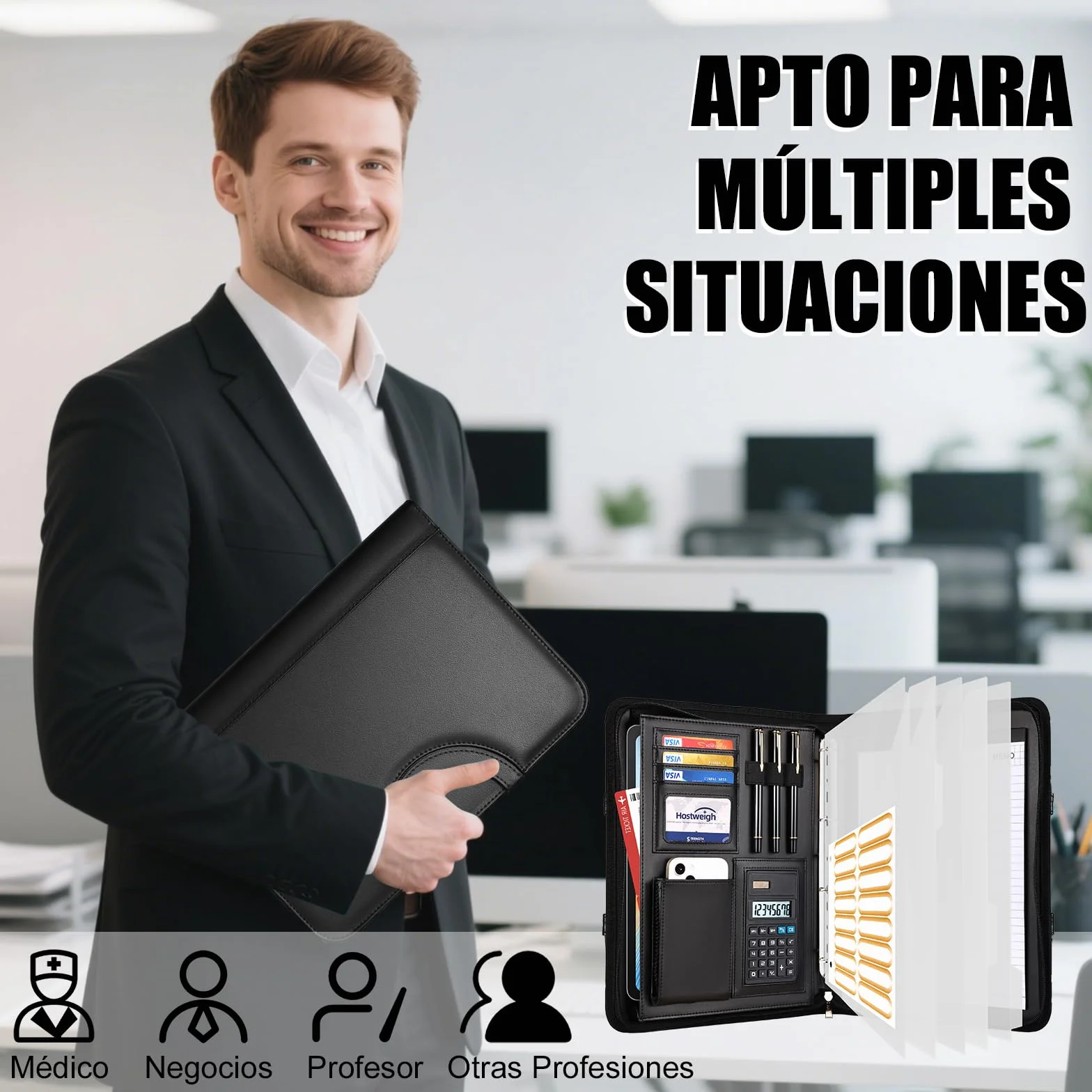 Leathario Carpeta Portadocumentos A4 en Piel Vegana, con Asa, Cuaderno, Portadocumentos con Bloc de Notas y Encuadernación de Anillas, Protectores de Hojas para Entrevistas, Viajes, Reuniones