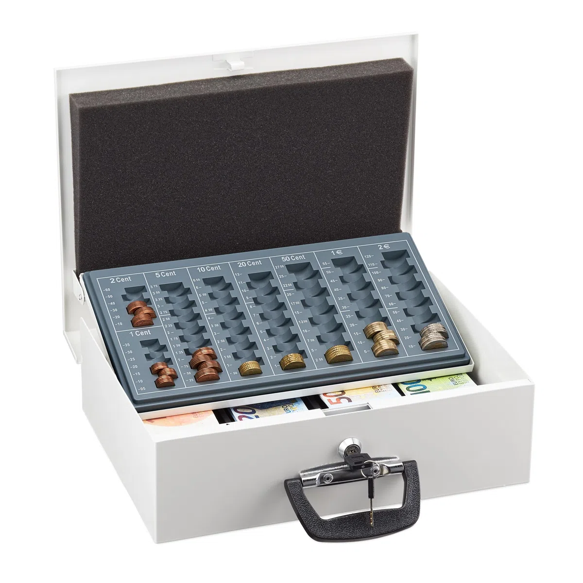 Relaxdays Caja de Dinero con Contador de Monedas, Cerradura con Llaves, de Hierro, 11,5 x 36 x 28,5 cm, Blanco