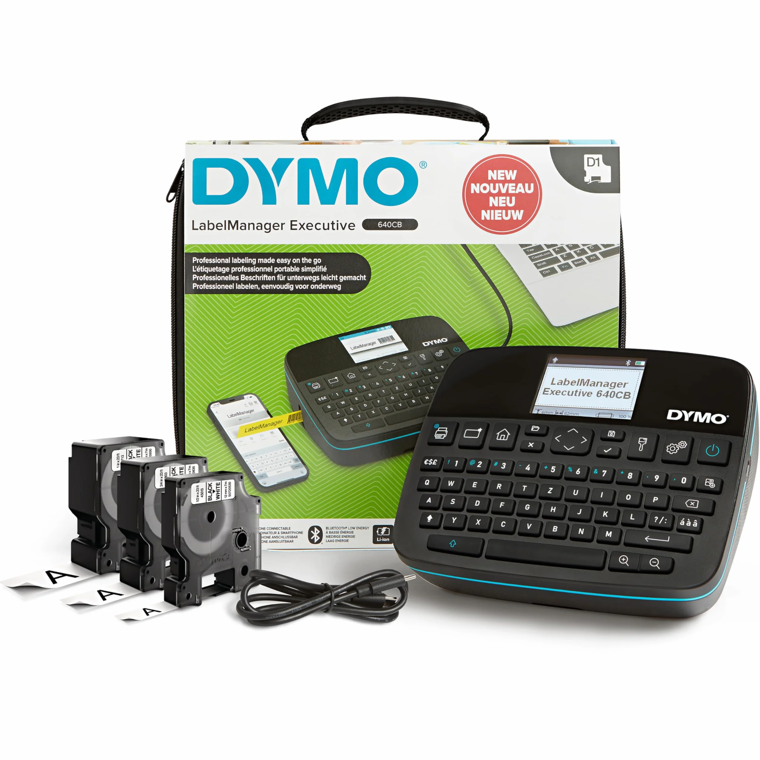 DYMO LabelManager Executive 640 CB Impresora de Etiquetas portátil con Bolsa de Transporte y 3 Etiquetas, Dispositivo de etiquetado, Teclado QWERTZ, conectividad Bluetooth y USB, Compatible con