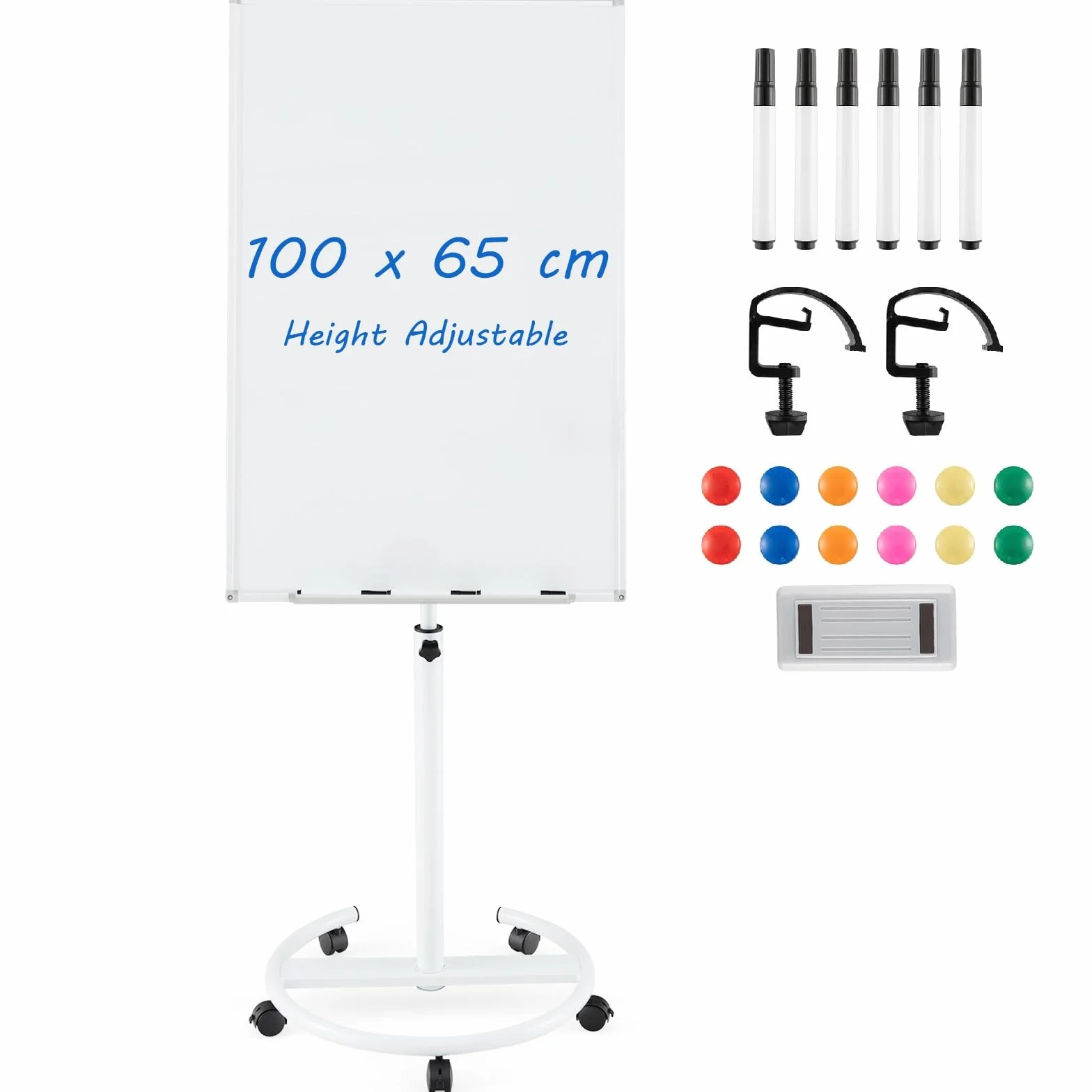 GIANTEX Pizarra Blanca Móvil 100 x 65 cm, Altura y Ángulo Ajustable, Magnética con Ruedas Bloqueables