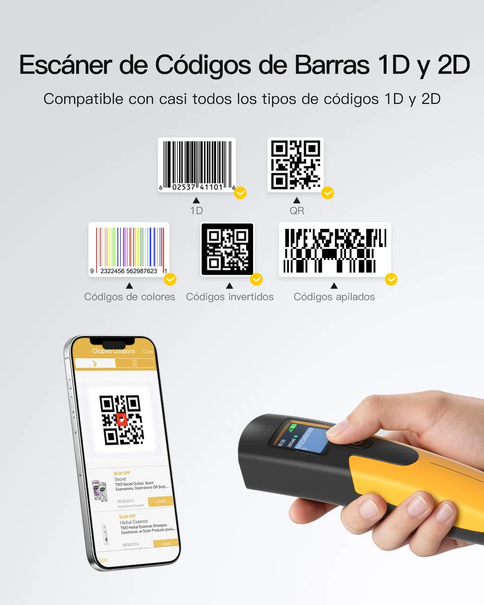 Inateck Escáner de código de Barras inalámbrico 1D 2D, escáner de código QR pequeño Bolsillo para inventario, Bluetooth 3 en 1 y Cable USB y 2,4 G inalámbrico, 2600 mAh, para PC, Tablet, Android, iOS