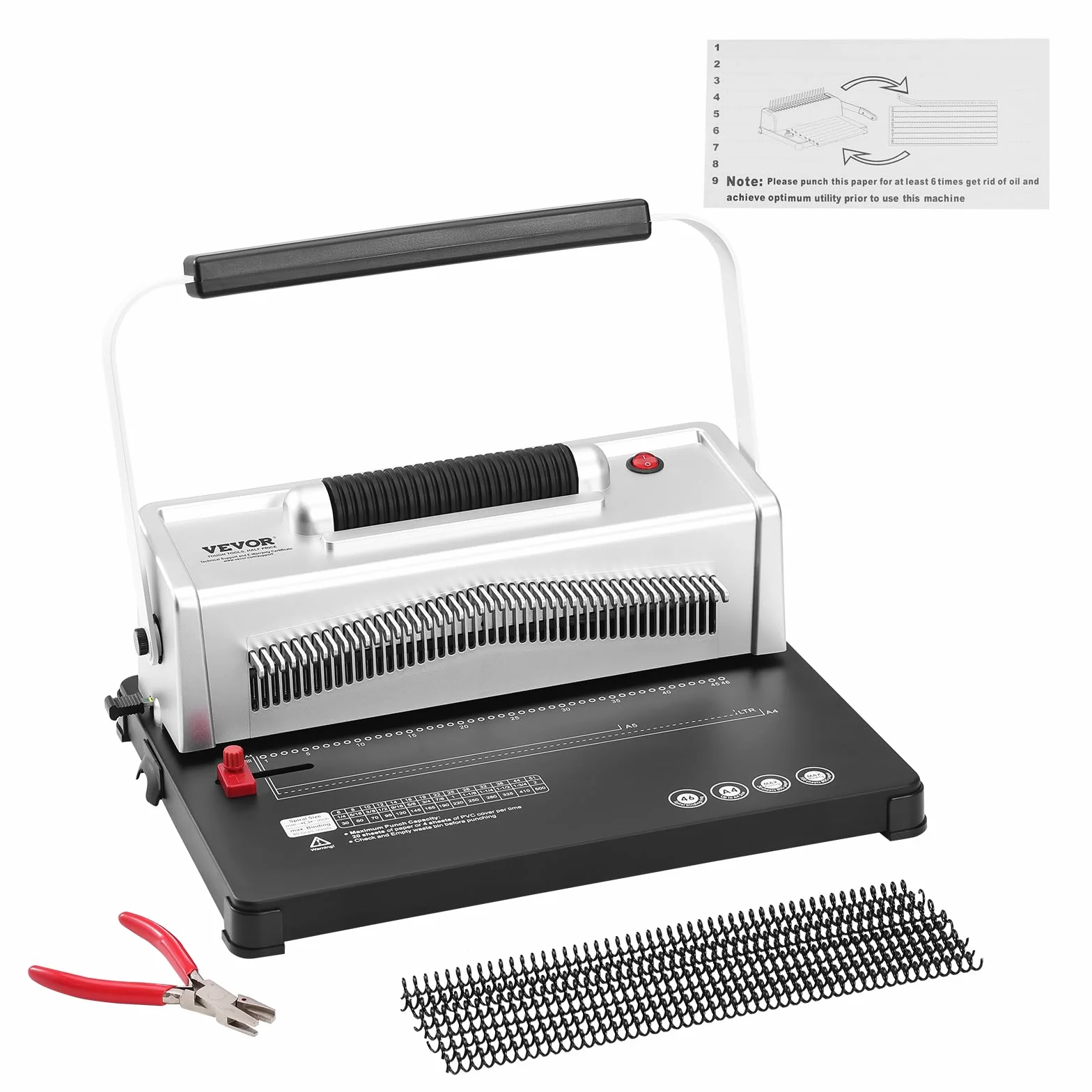 VEVOR Encuadernadora para Tamaño Carta A4 A5 Encuadernadora Manual en Espiral con Encuadernadora Eléctrica 46 Agujeros 500 Hojas Perforadora de Anillas con 100 Lomos de Bobina Ajustables