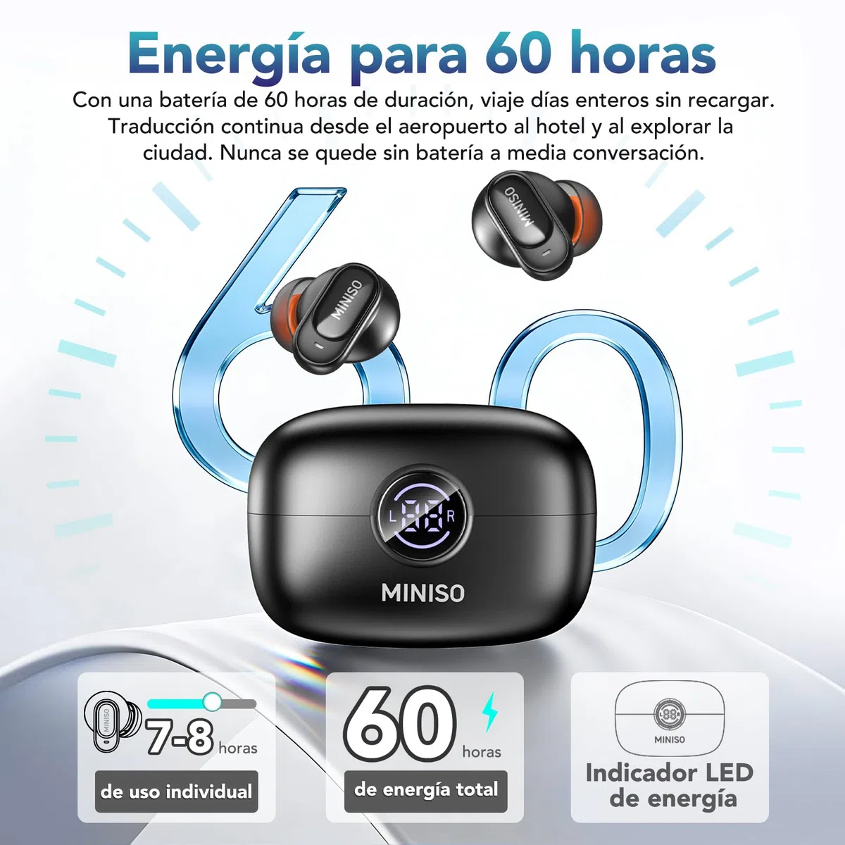 MINISO MS105 Auriculares de traducción en Tiempo Real con aplicación, 134 Idiomas, traductor de Auriculares en Tiempo Real, Auriculares Abiertos de 60H para iOS y Android, Viajes y Viajes