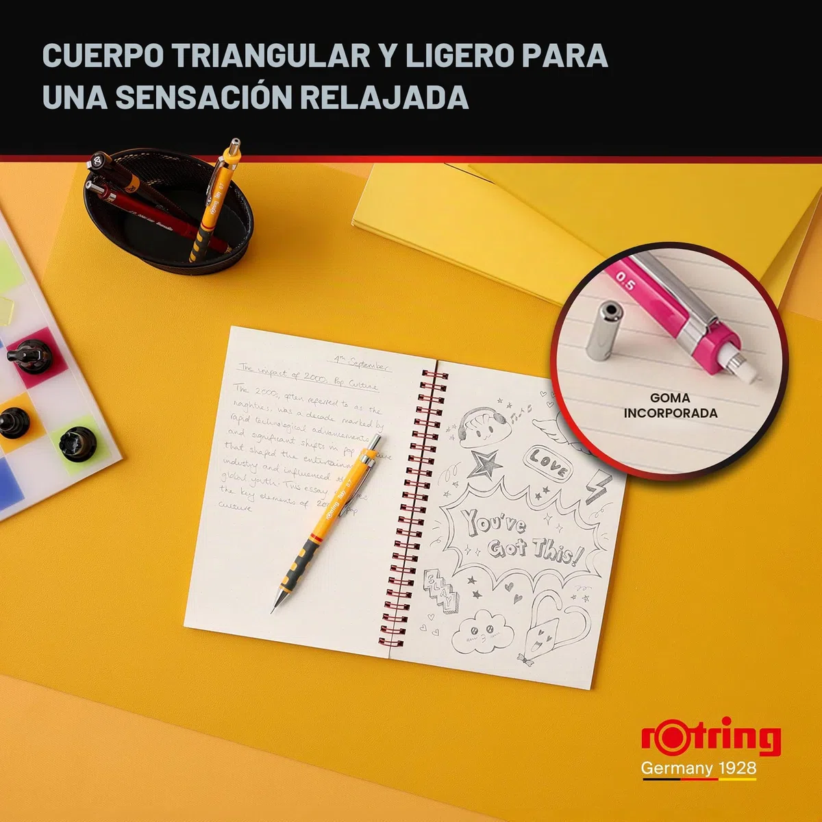 Portaminas rOtring Tikky | HB 0,5 mm | Cuerpo caléndula | Ligero con agarre de goma