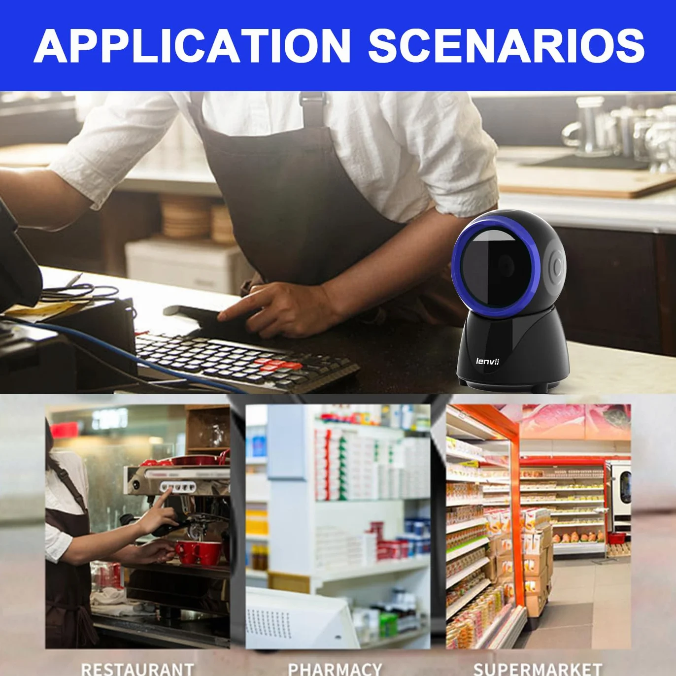 LENVII Escáner Omnidireccional de Códigos de Barras y QR de Escritorio - Manos Libres, 1D/2D, Con Cable USB - Compatible Con Windows, Mac, OS, Linux PC