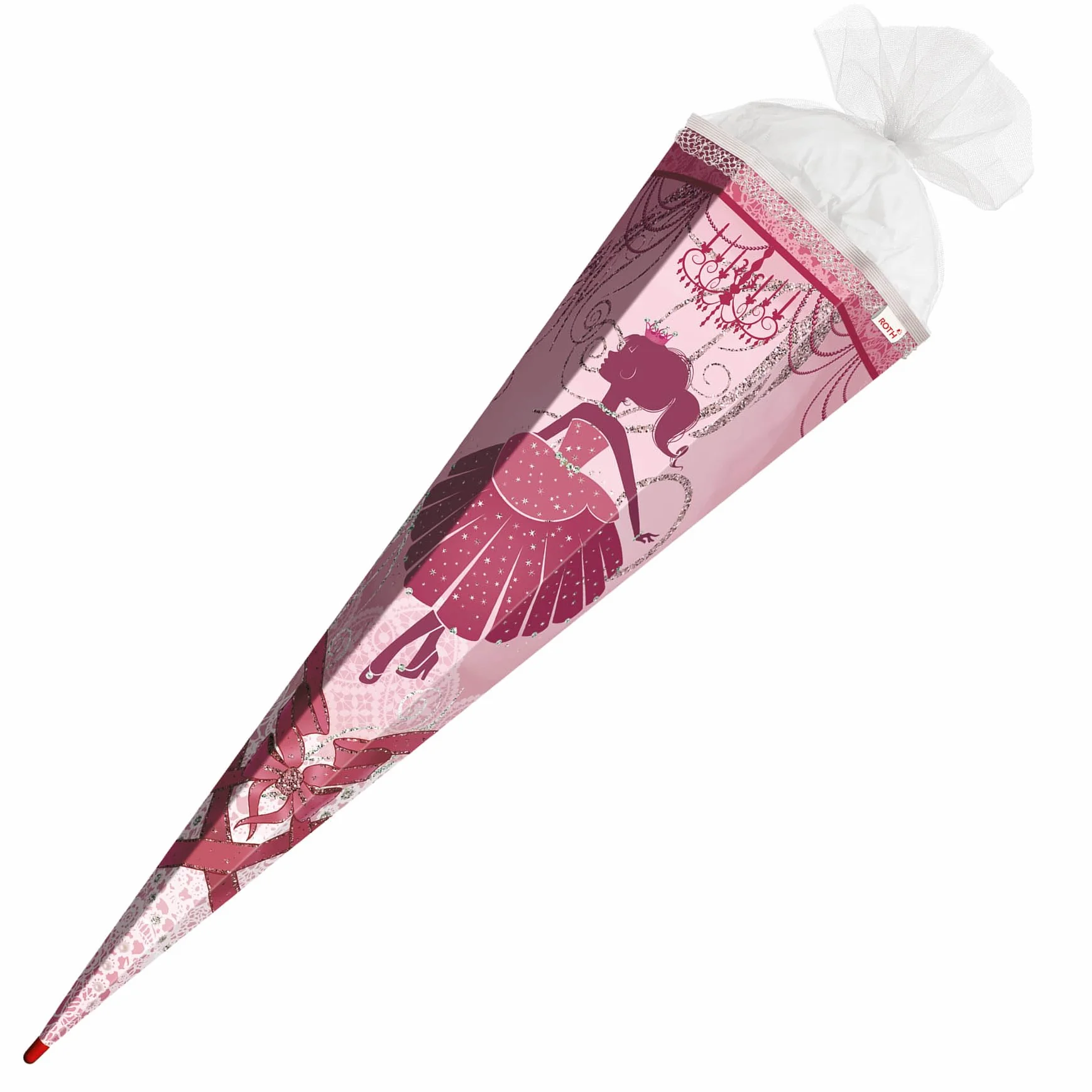 ROTH Schultüte groß Ballerina 85 cm - Glitter und Glitzer-Borte - 6-eckig Rot(h)-Spitze Tüllverschluss - Zuckertüte, Ballerina, Danzerin, Schulanfang