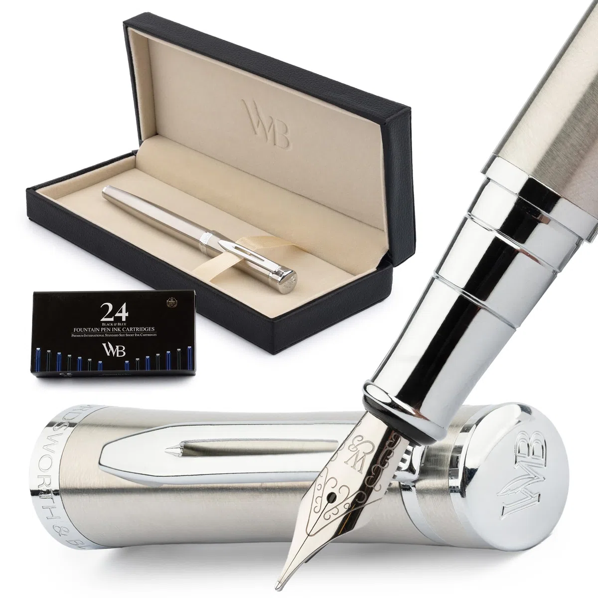 Wordsworth & Black - Juego de plumas estilográficas medias, incluye 6 cartuchos de tinta y un convertidor de recarga de tinta, estuche de regalo, para caligrafía, escritura lisa, cromado y plateado