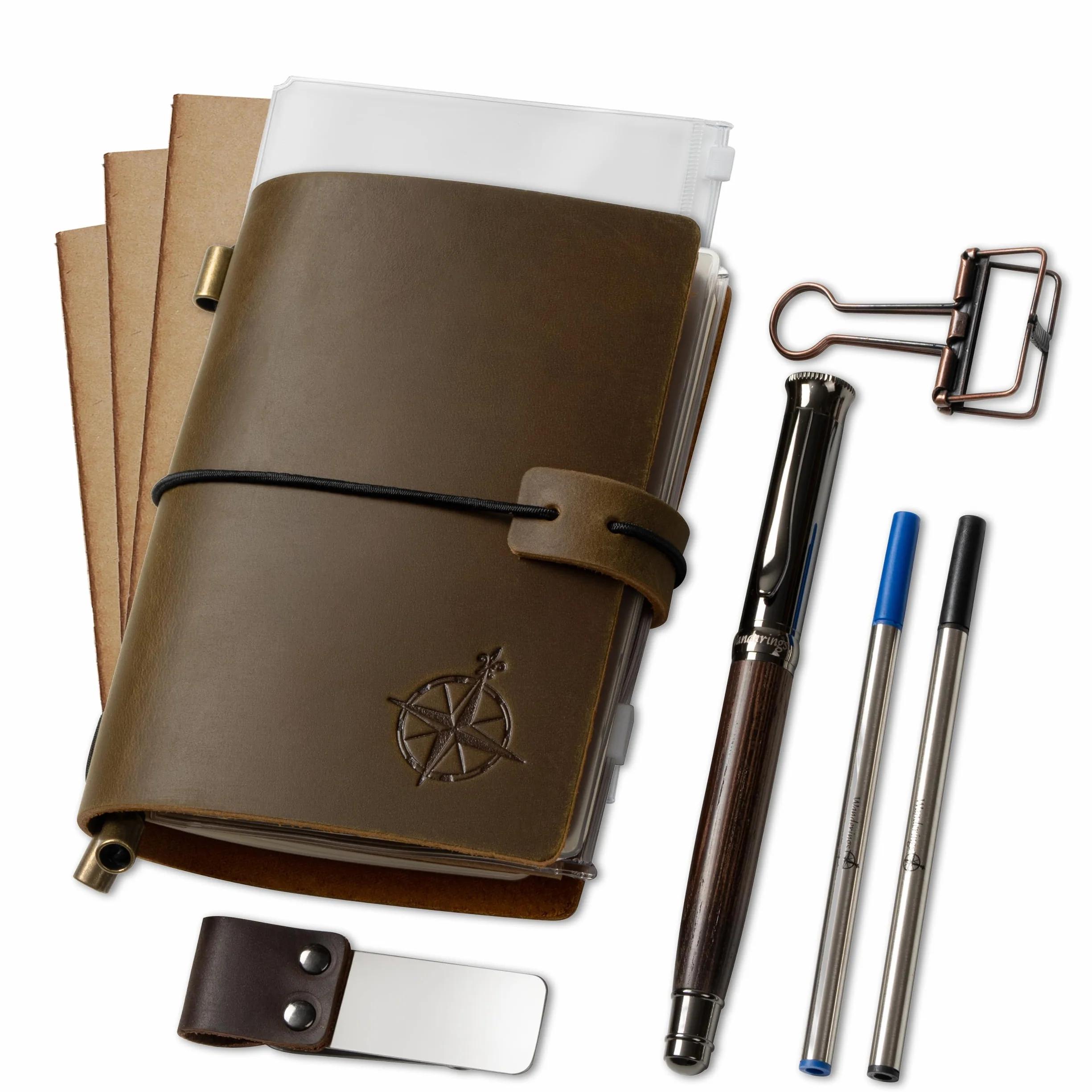 Wanderings Cuaderno de Bolsillo - 4"x5,1"/ 10x13 cm - Cuaderno de Viaje Recargable - Incluye un Portabolígrafos con Bolígrafo y 2 Recargas de Tinta Adicionales, una Carpeta de PVC y un Clip de Carpeta