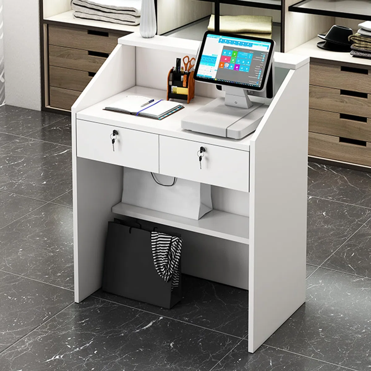 Mostrador de recepción, mostrador Frontal con cajón con Cerradura y luz, mostrador minorista para Caja, Escritorio de Madera para computadora para Oficina, vestíbulo, Tienda de Ropa, salón